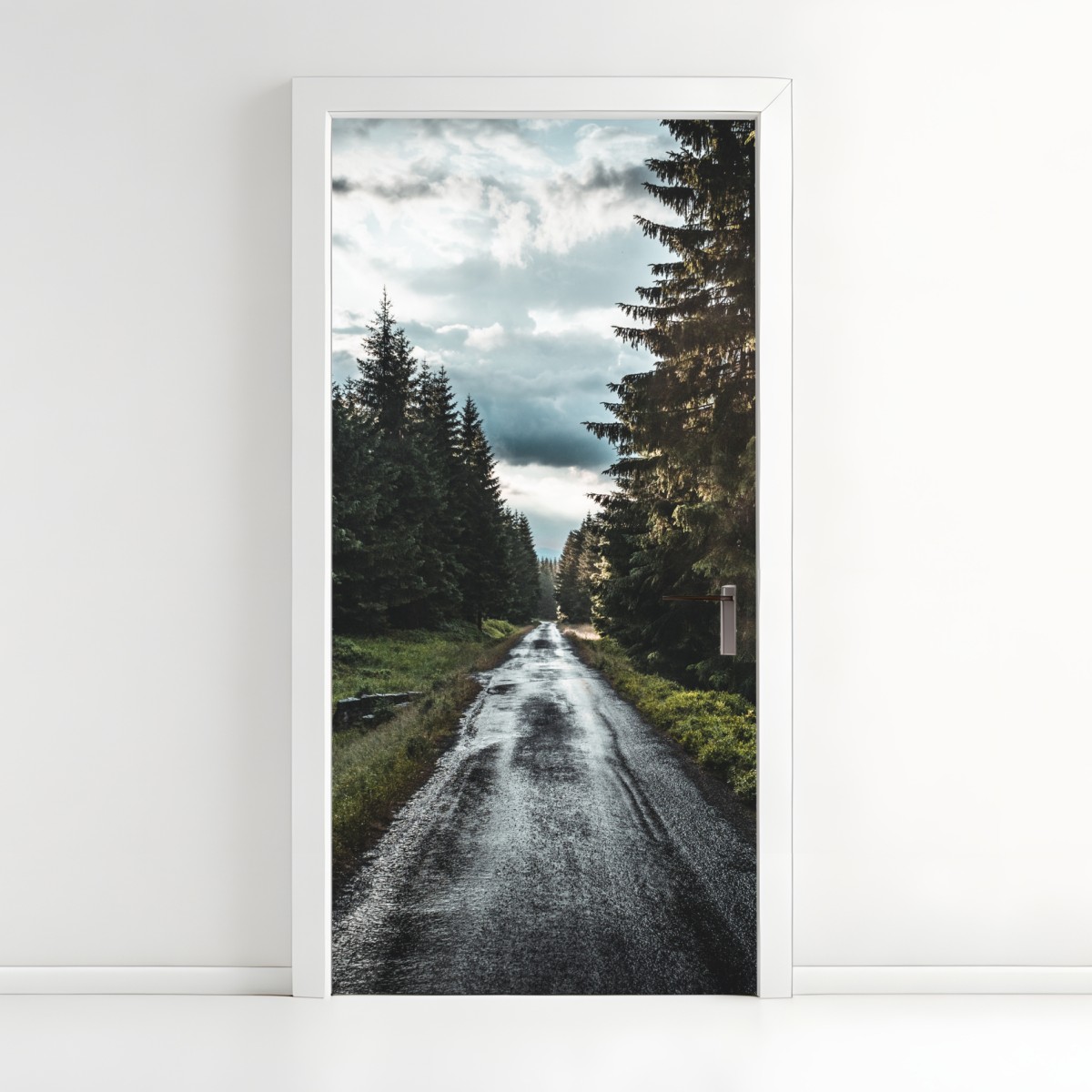 Door sticker forest road through misty pines