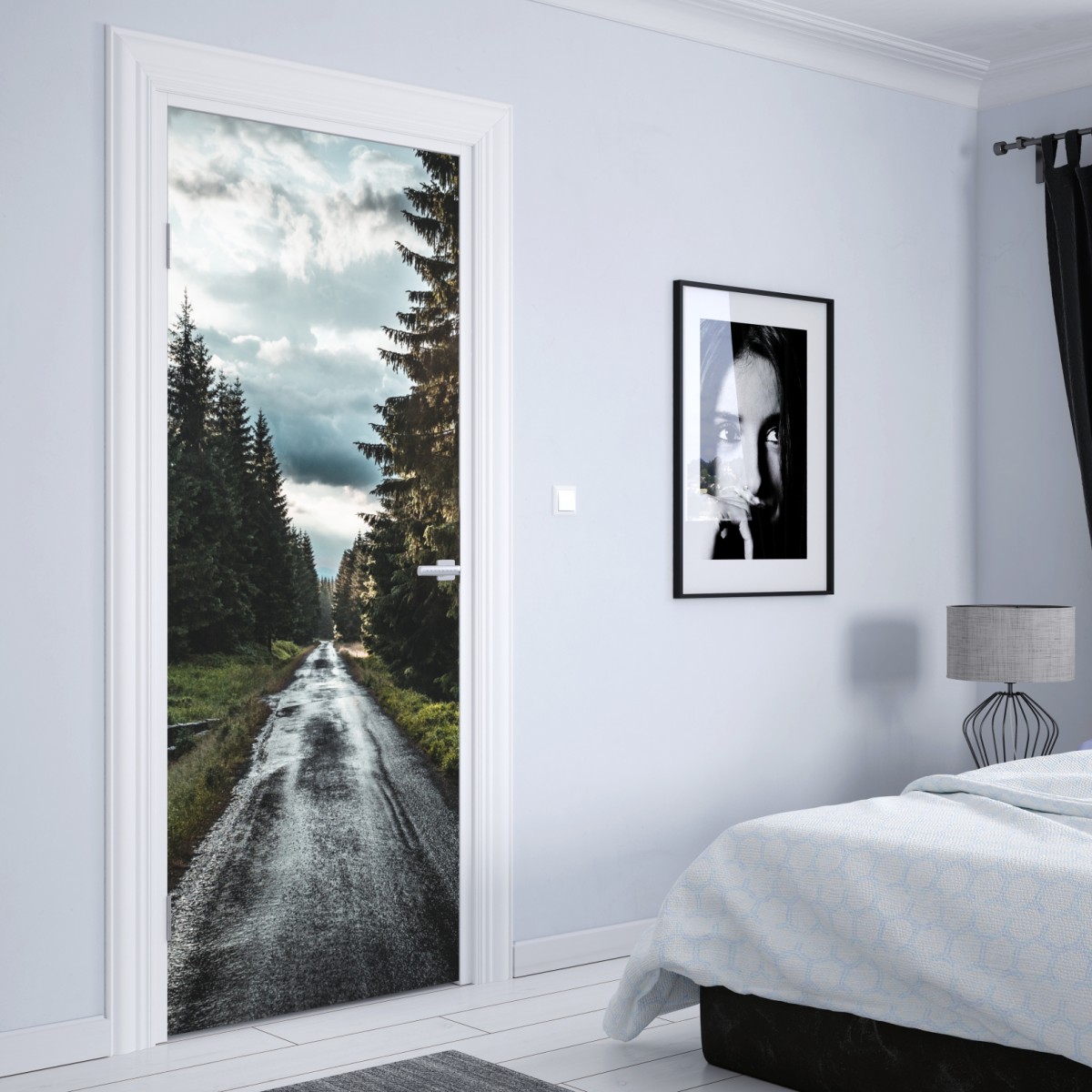 Naklejka na drzwi leśna droga wśród sosen – Wallissimo® Naklejka na drzwi leśna droga wśród sosen – Wallissimo®