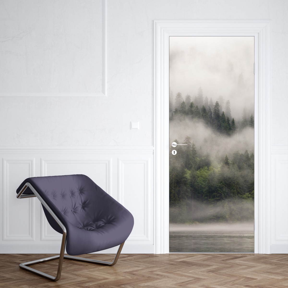 Naklejka na drzwi mglisty las nad wybrzeżem, Kolumbia Brytyjska – Wallissimo® Naklejka na drzwi mglisty las nad wybrzeżem, Kolumbia Brytyjska – Wallissimo®