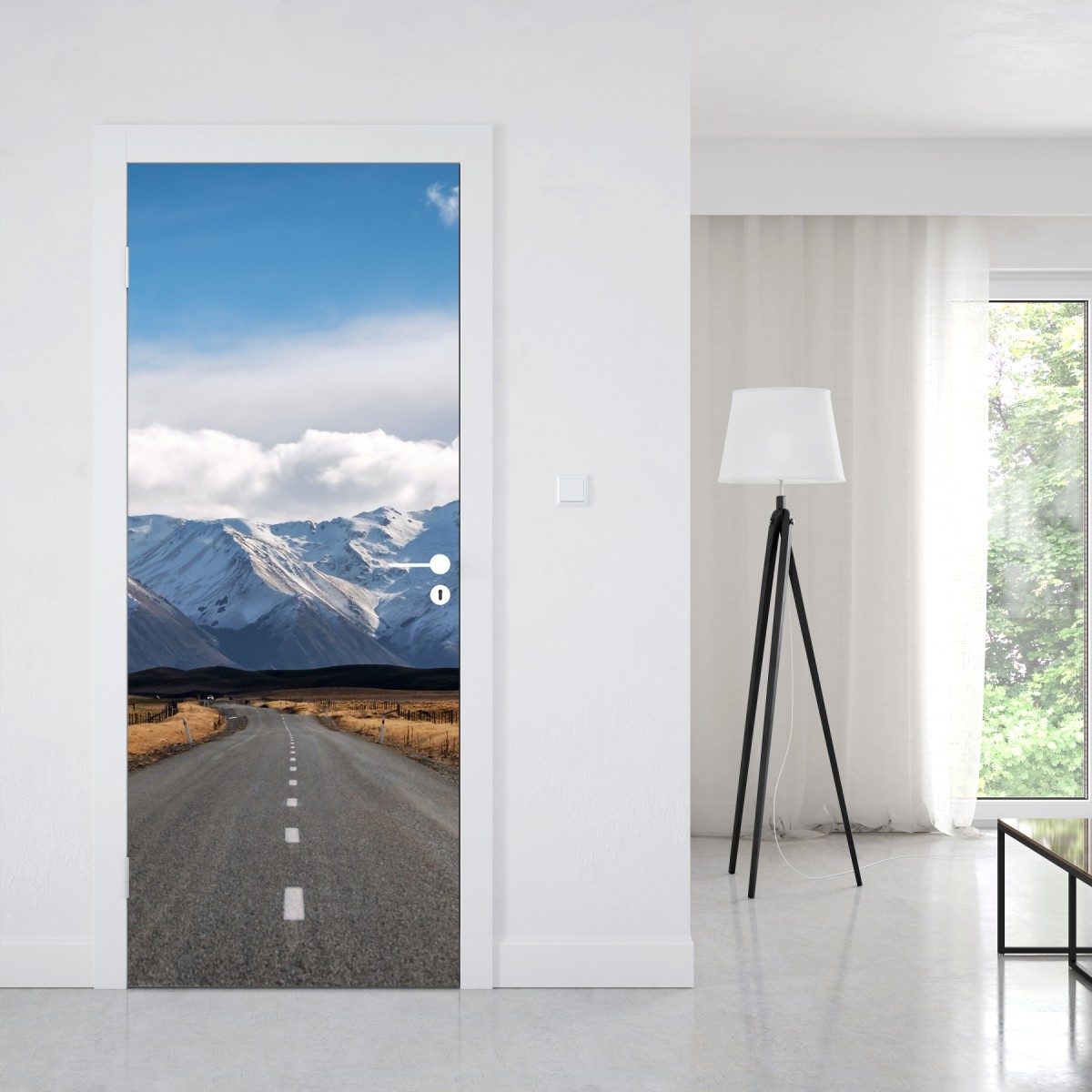 Naklejka na drzwi droga prowadząca do ośnieżonych gór, Nowa Zelandia – Wallissimo® Naklejka na drzwi droga prowadząca do ośnieżonych gór, Nowa Zelandia – Wallissimo®