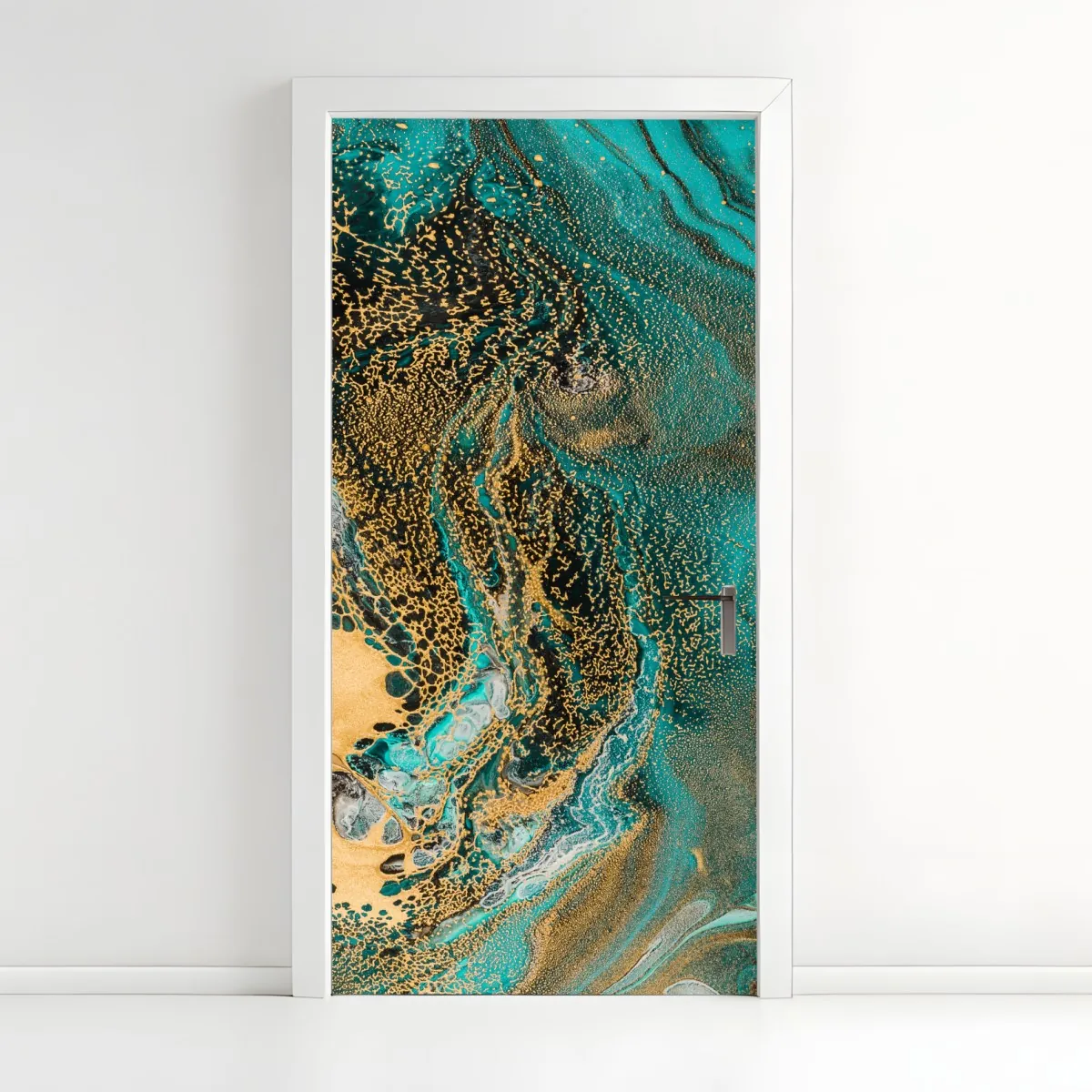 Naklejka na drzwi turkusowy i złoty płynny wir abstrakcji – Wallissimo® Naklejka na drzwi turkusowy i złoty płynny wir abstrakcji – Wallissimo®