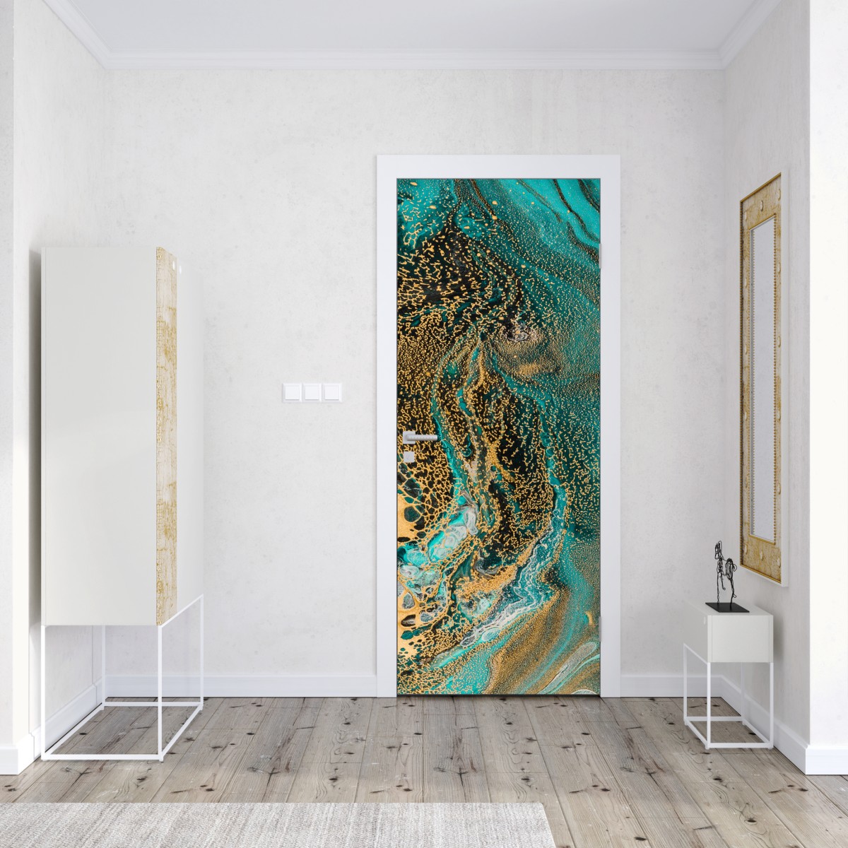 Naklejka na drzwi turkusowy i złoty płynny wir abstrakcji – Wallissimo® Naklejka na drzwi turkusowy i złoty płynny wir abstrakcji – Wallissimo®