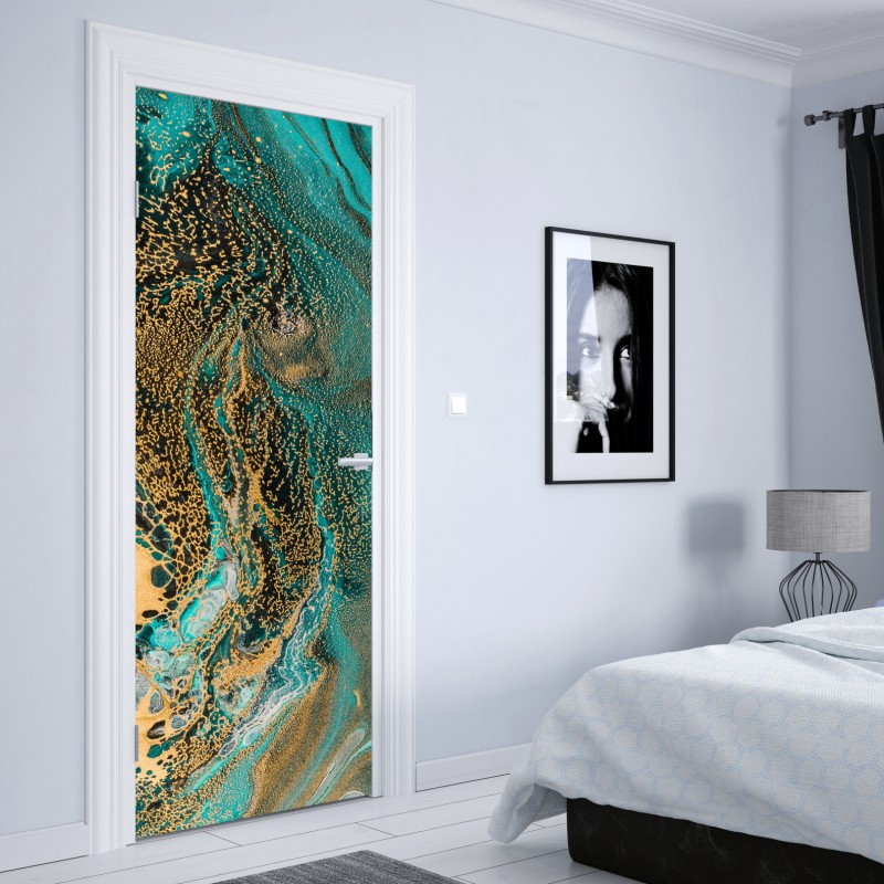 Naklejka na drzwi turkusowy i złoty płynny wir abstrakcji – Wallissimo® Naklejka na drzwi turkusowy i złoty płynny wir abstrakcji – Wallissimo®