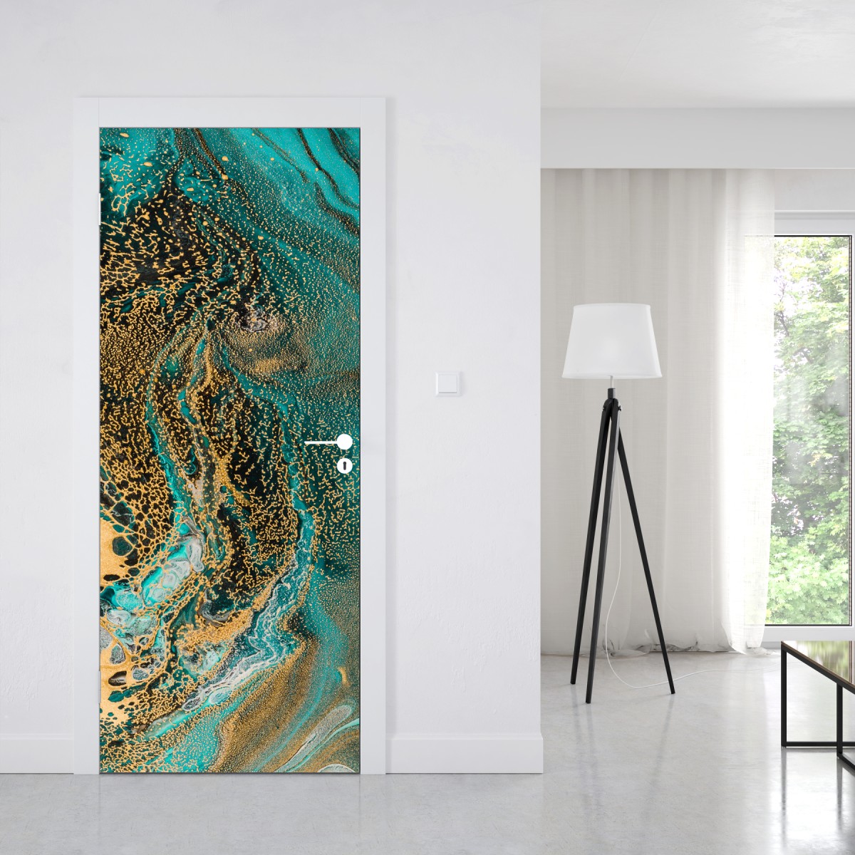 Naklejka na drzwi turkusowy i złoty płynny wir abstrakcji – Wallissimo® Naklejka na drzwi turkusowy i złoty płynny wir abstrakcji – Wallissimo®