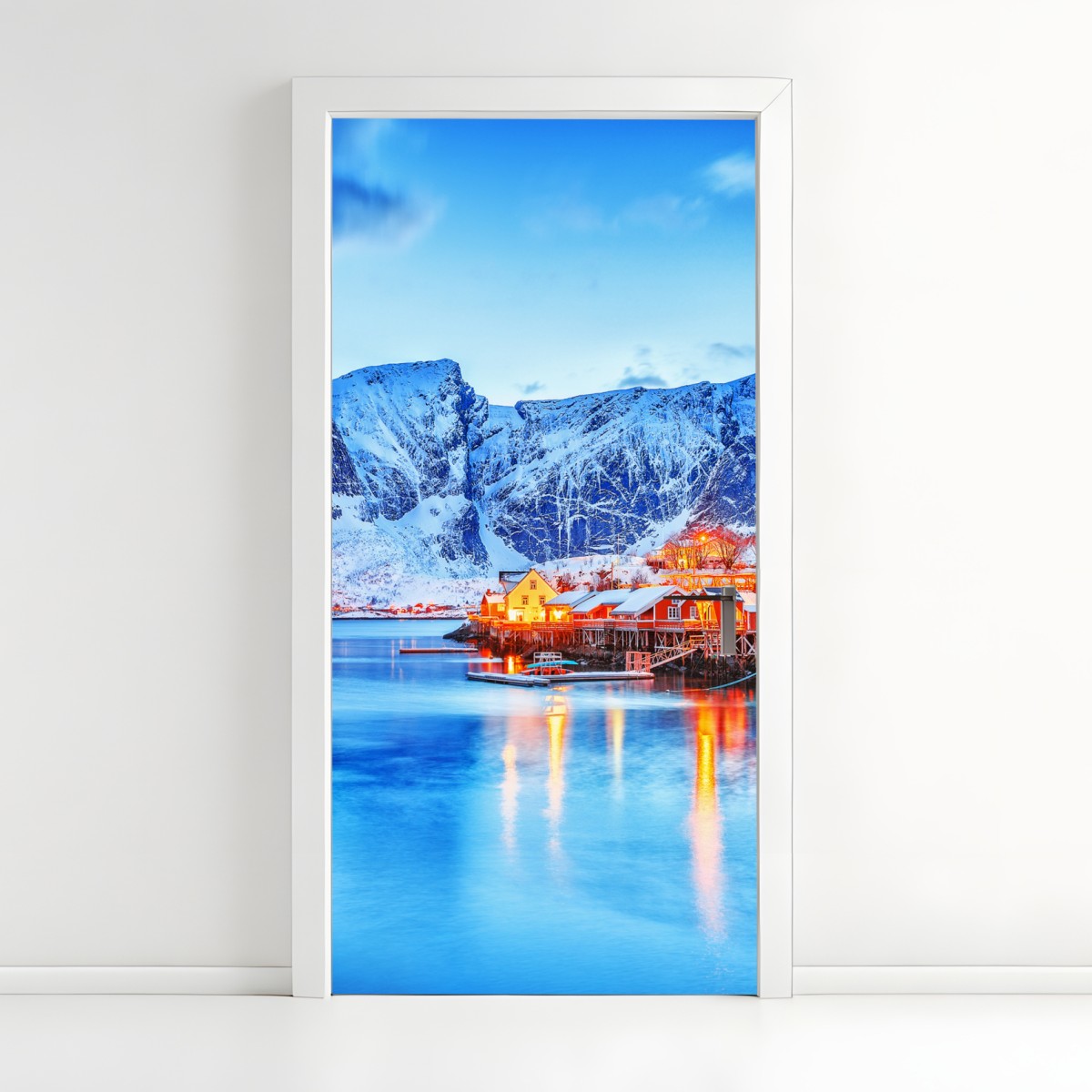 Door sticker snowy coastal village beneath towering mountains