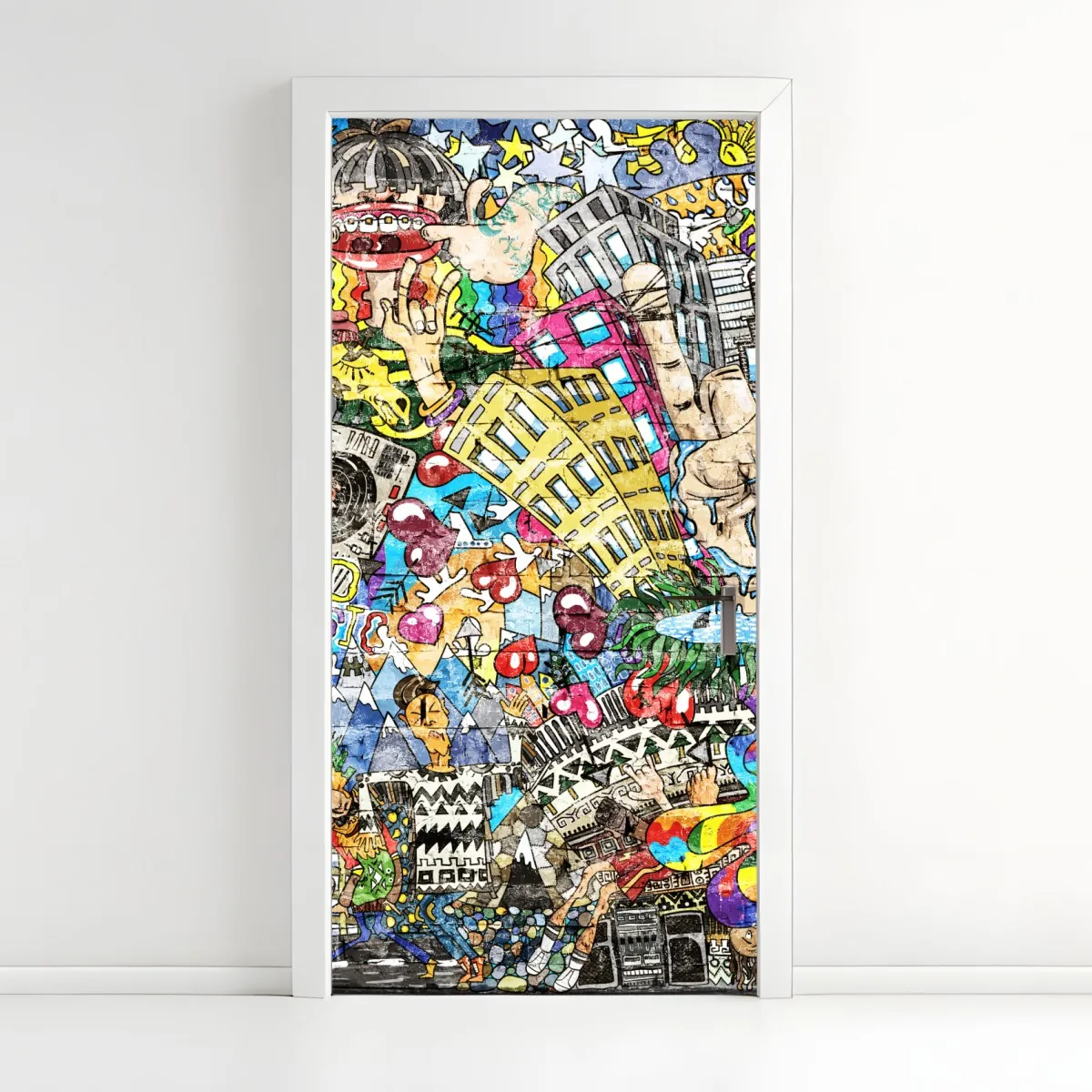 Naklejka na drzwi kolorowy miejski mural muzyczny – Wallissimo® Naklejka na drzwi kolorowy miejski mural muzyczny – Wallissimo®