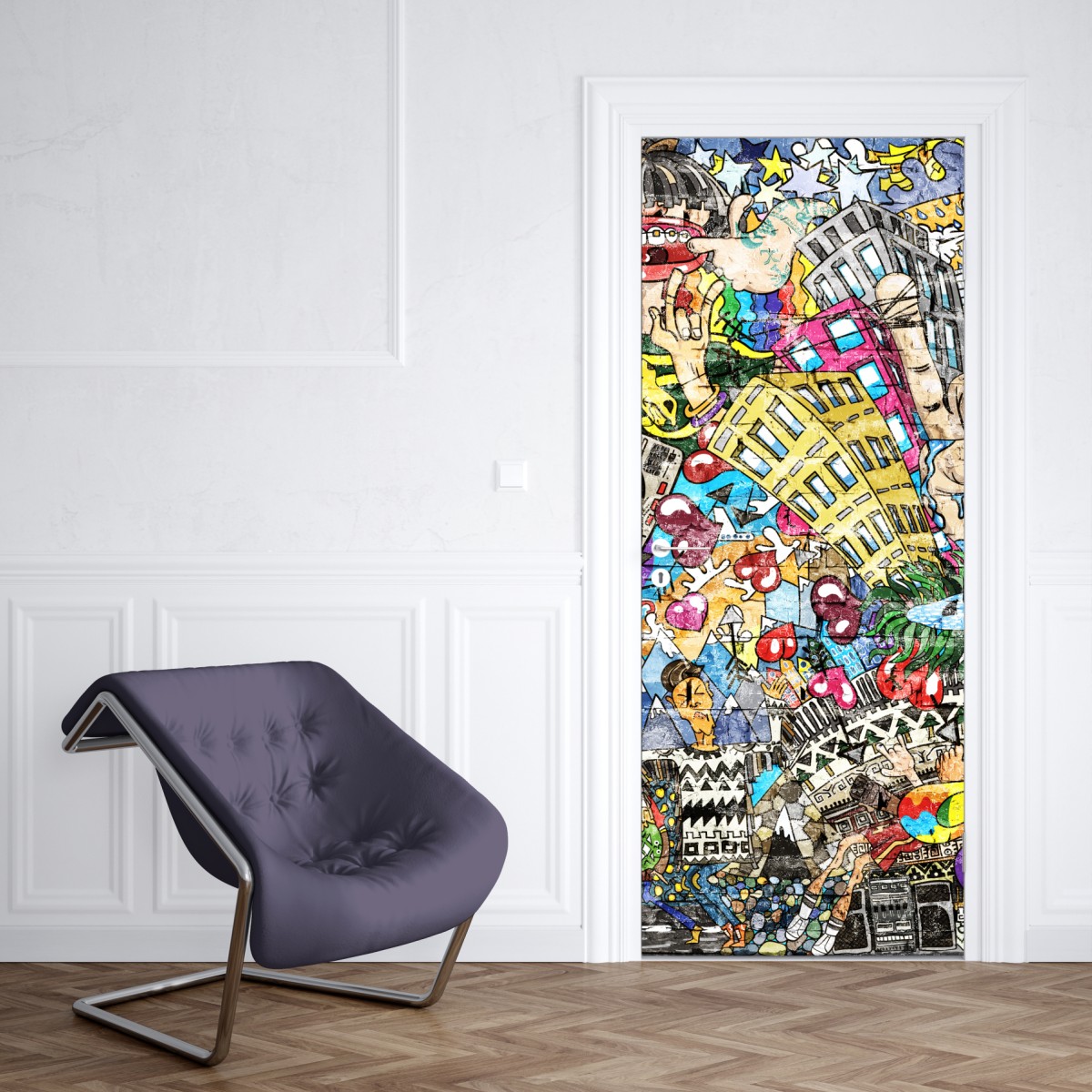 Naklejka na drzwi kolorowy miejski mural muzyczny – Wallissimo® Naklejka na drzwi kolorowy miejski mural muzyczny – Wallissimo®