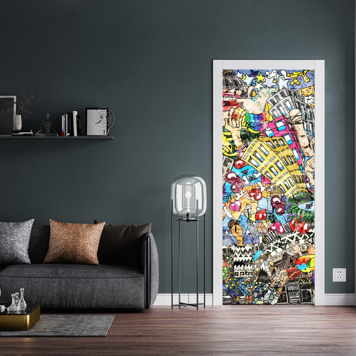 Naklejka na drzwi kolorowy miejski mural muzyczny – Wallissimo® Naklejka na drzwi kolorowy miejski mural muzyczny – Wallissimo®