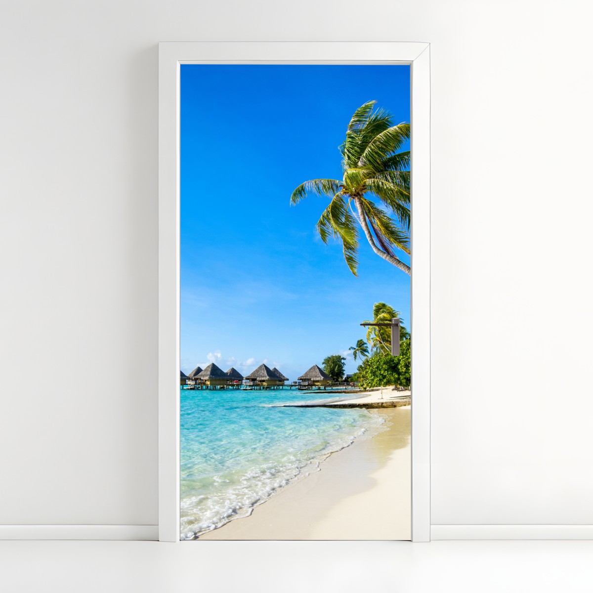 Door sticker tropical turquoise beach with palm trees