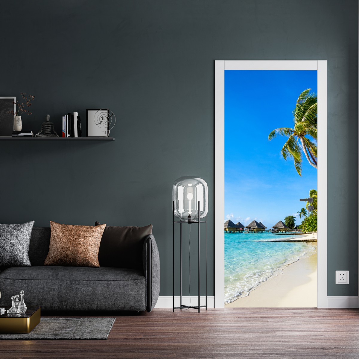 Naklejka na drzwi tropikalna turkusowa plaża z palmami – Wallissimo® Naklejka na drzwi tropikalna turkusowa plaża z palmami – Wallissimo®