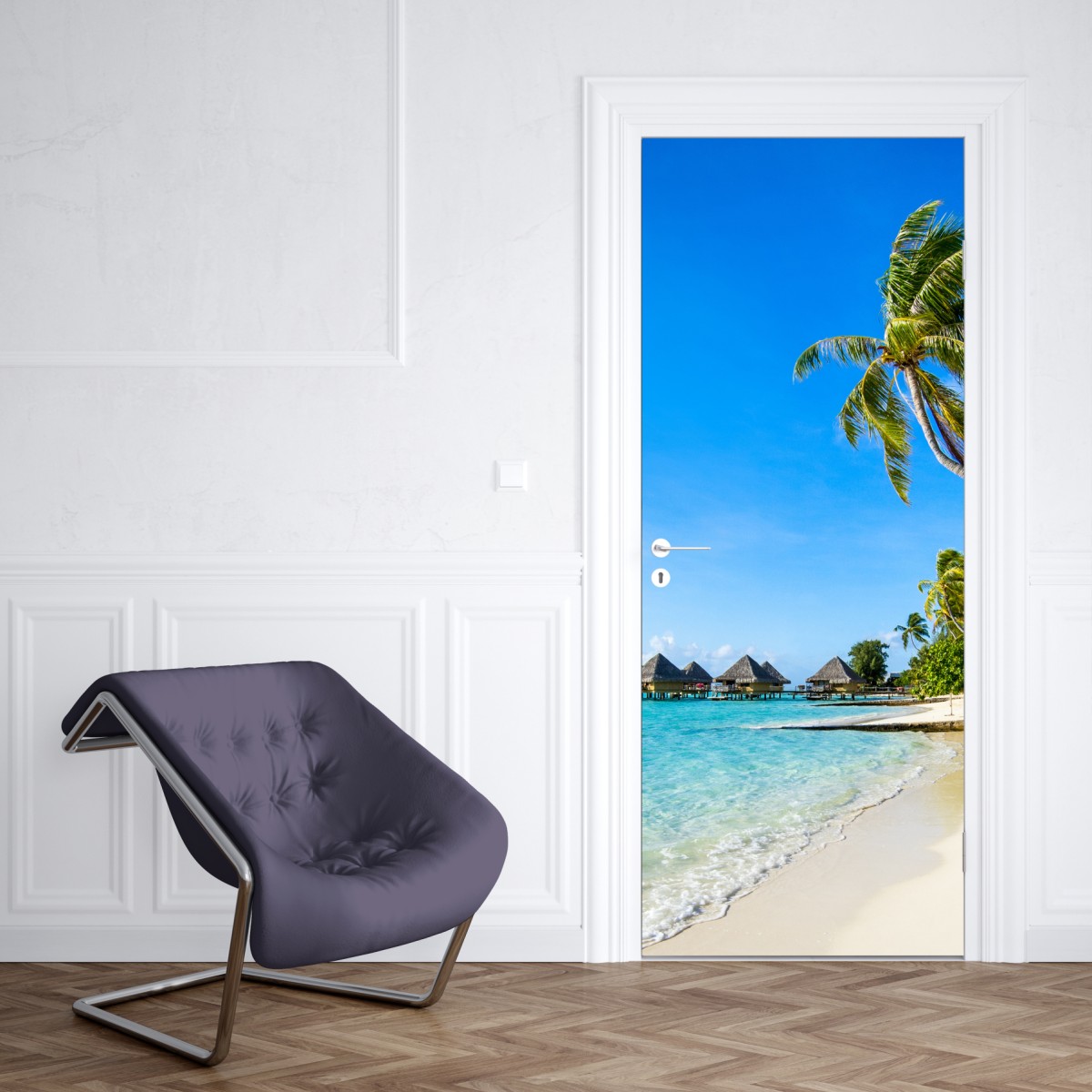 Naklejka na drzwi tropikalna turkusowa plaża z palmami – Wallissimo® Naklejka na drzwi tropikalna turkusowa plaża z palmami – Wallissimo®