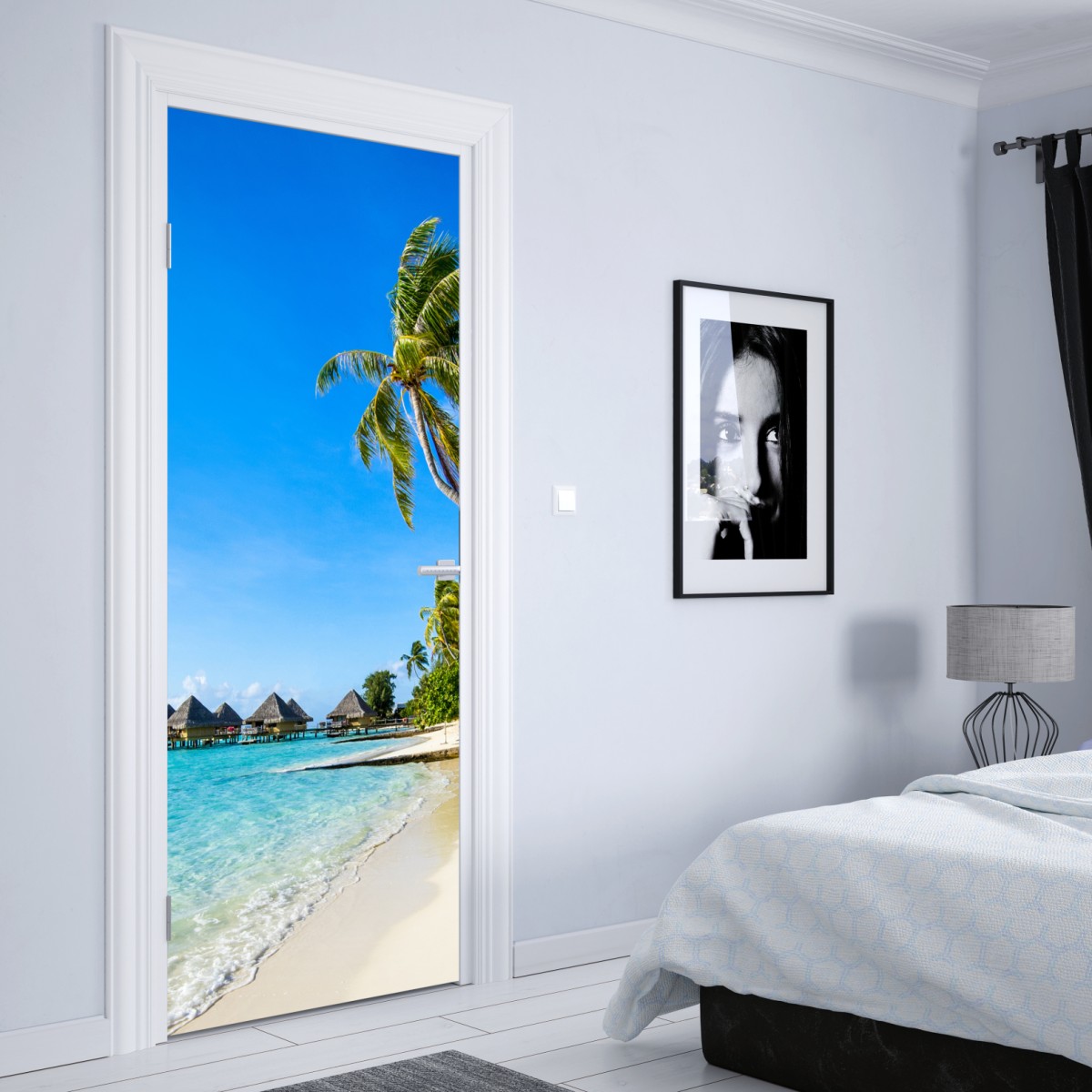 Naklejka na drzwi tropikalna turkusowa plaża z palmami – Wallissimo® Naklejka na drzwi tropikalna turkusowa plaża z palmami – Wallissimo®