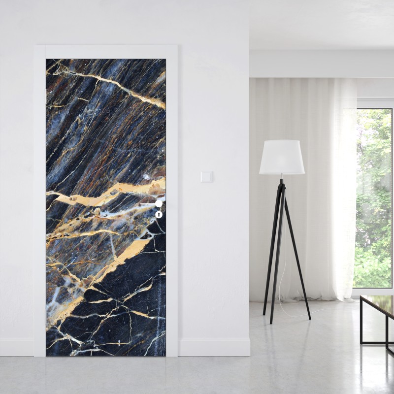 Naklejka na drzwi ciemny marmur ze złotymi i kremowymi żyłami – Wallissimo® Naklejka na drzwi ciemny marmur ze złotymi i kremowymi żyłami – Wallissimo®