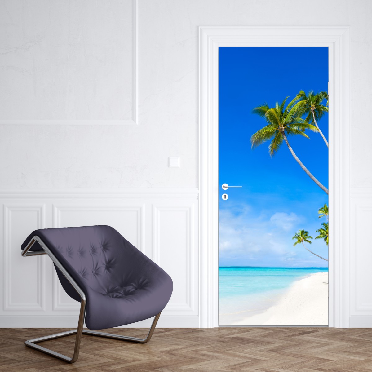 Naklejka na drzwi tropikalna plaża z palmami – Wallissimo® Naklejka na drzwi tropikalna plaża z palmami – Wallissimo®