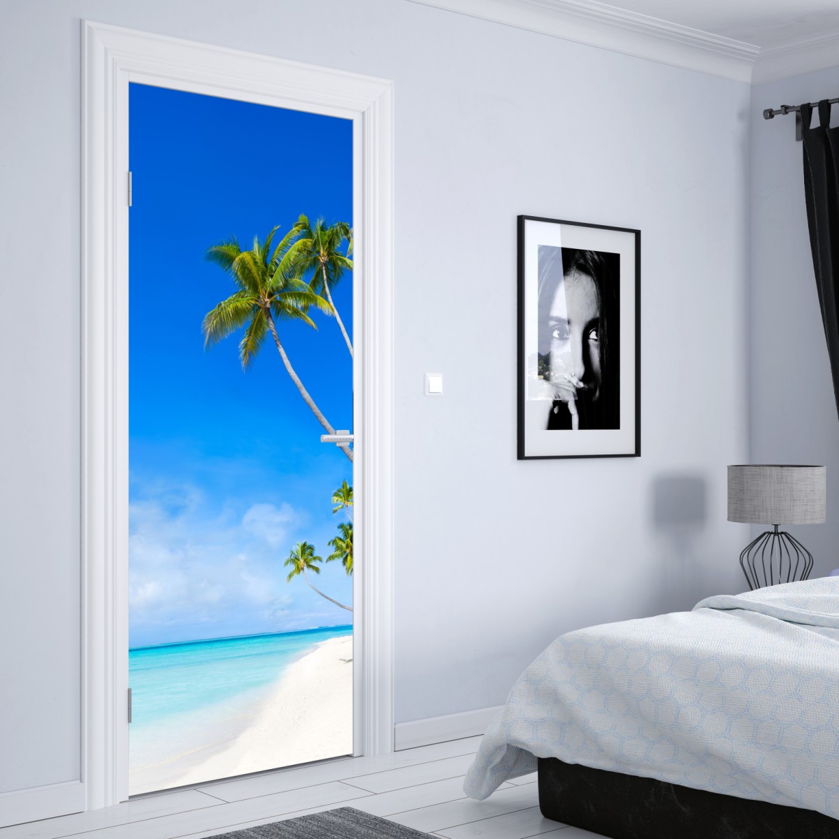 Naklejka na drzwi tropikalna plaża z palmami – Wallissimo® Naklejka na drzwi tropikalna plaża z palmami – Wallissimo®