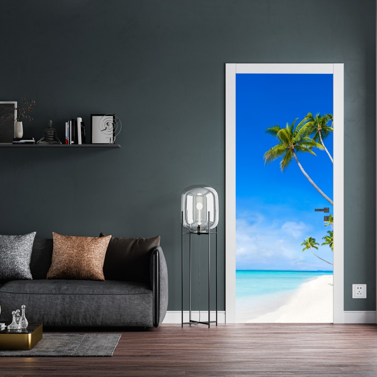Naklejka na drzwi tropikalna plaża z palmami – Wallissimo® Naklejka na drzwi tropikalna plaża z palmami – Wallissimo®