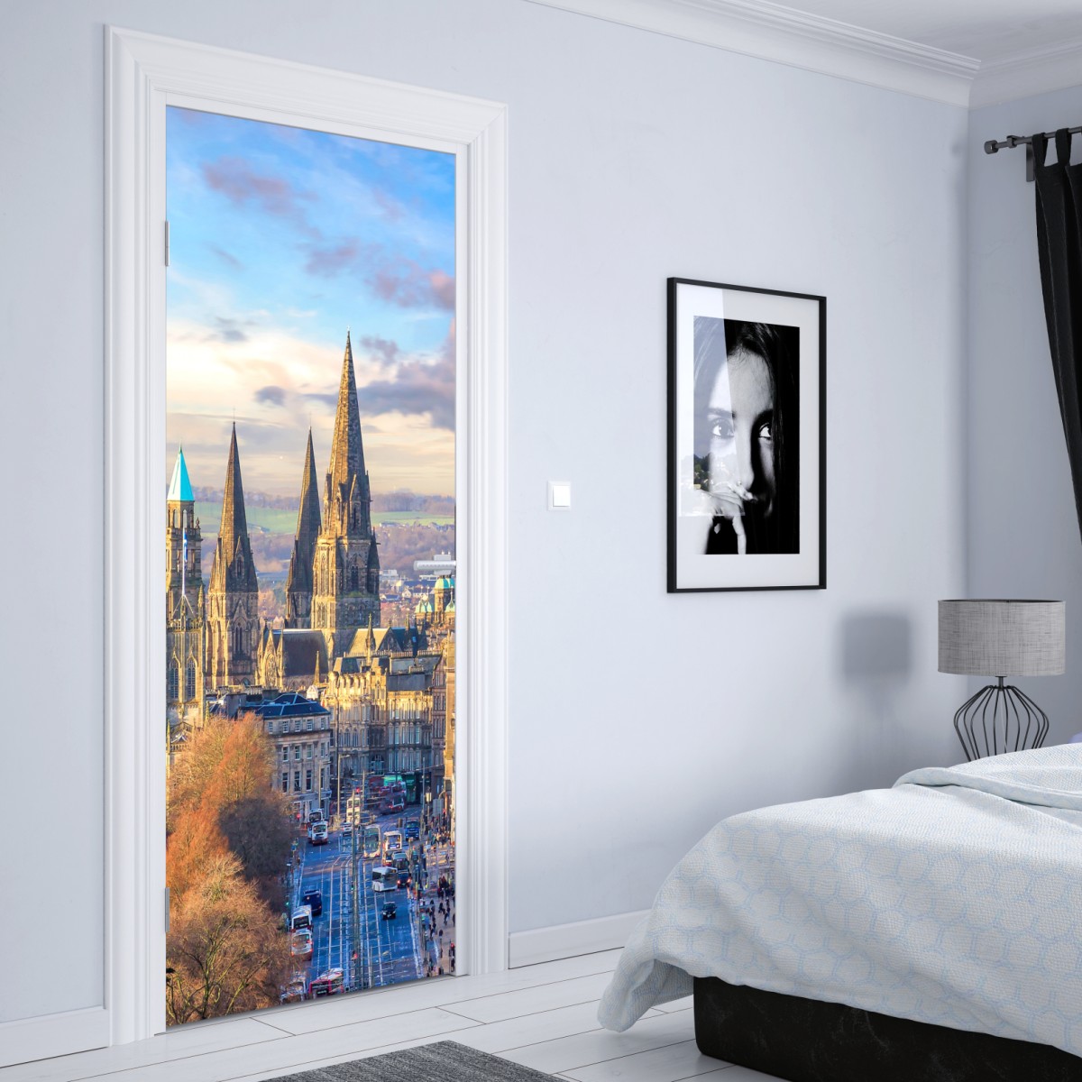 Naklejka na drzwi Edynburg panorama z zamkiem i wieżą zegarową – Wallissimo® Naklejka na drzwi Edynburg panorama z zamkiem i wieżą zegarową – Wallissimo®