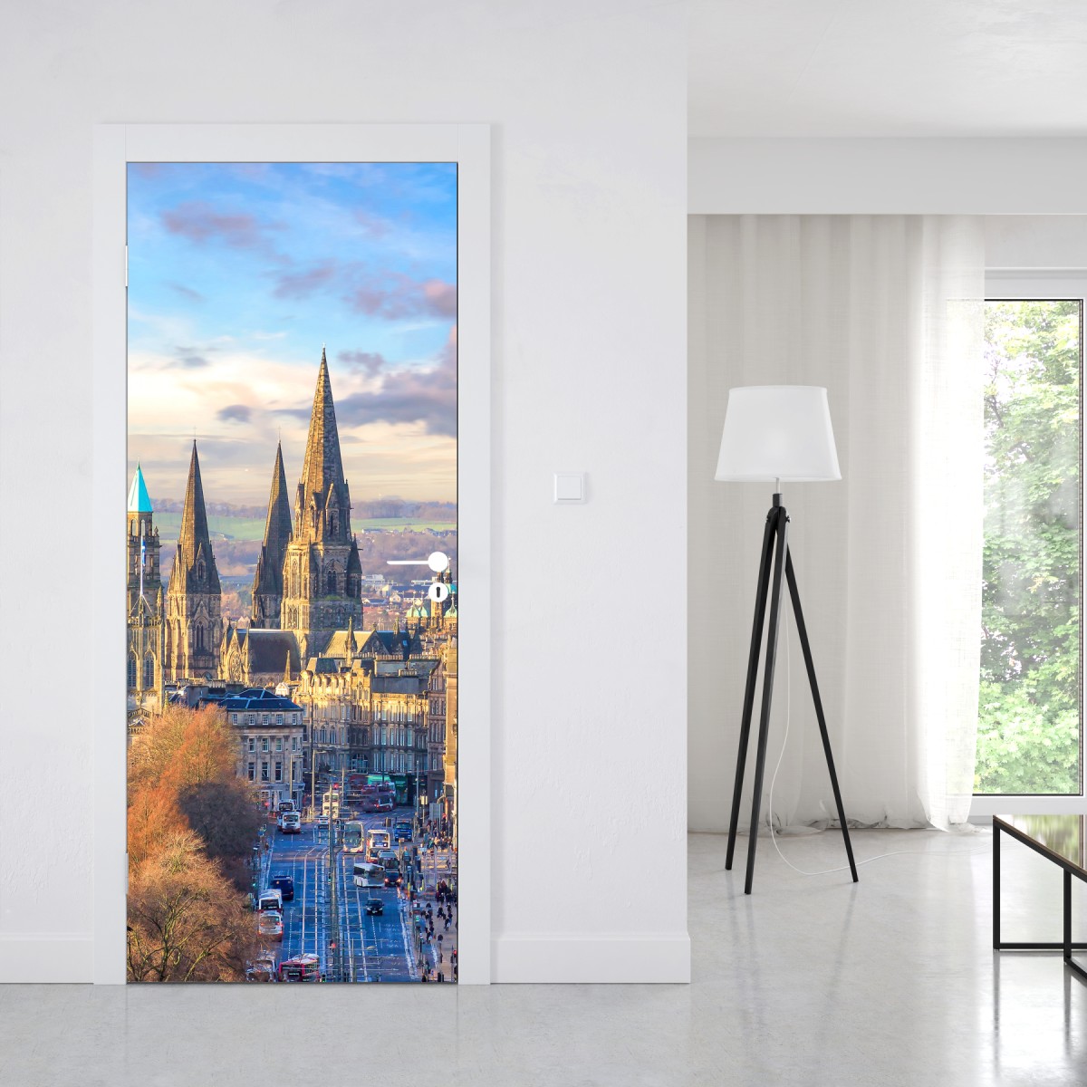 Naklejka na drzwi Edynburg panorama z zamkiem i wieżą zegarową – Wallissimo® Naklejka na drzwi Edynburg panorama z zamkiem i wieżą zegarową – Wallissimo®