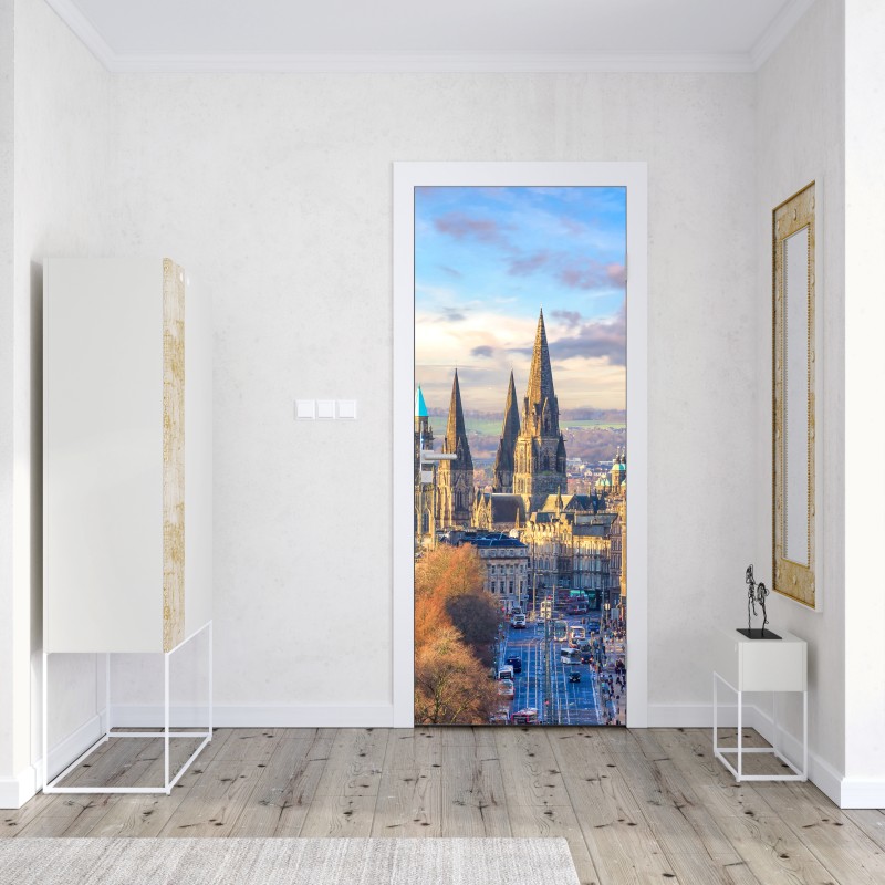 Naklejka na drzwi Edynburg panorama z zamkiem i wieżą zegarową – Wallissimo® Naklejka na drzwi Edynburg panorama z zamkiem i wieżą zegarową – Wallissimo®