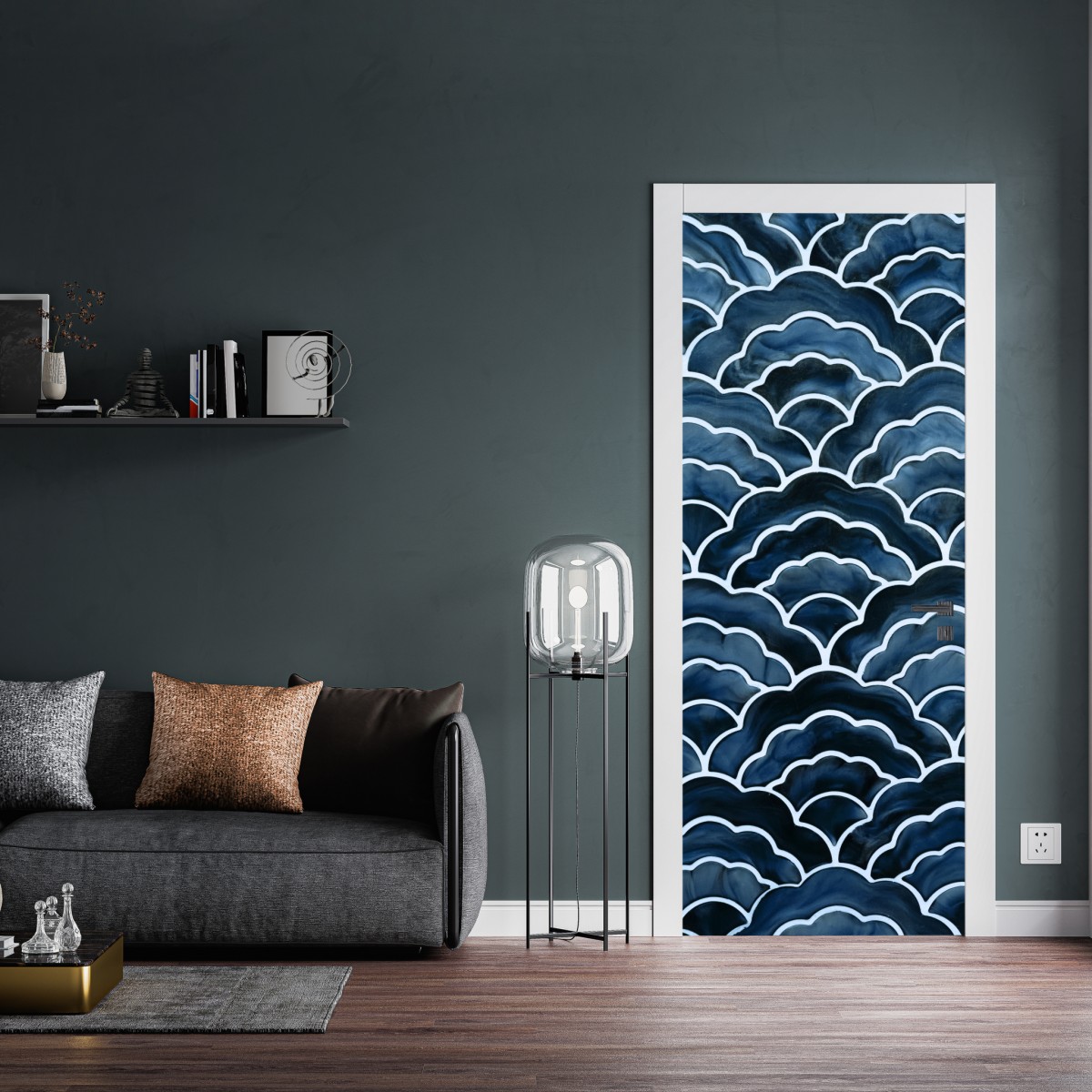 Naklejka na drzwi japoński niebieski wzór seigaiha – Wallissimo® Naklejka na drzwi japoński niebieski wzór seigaiha – Wallissimo®