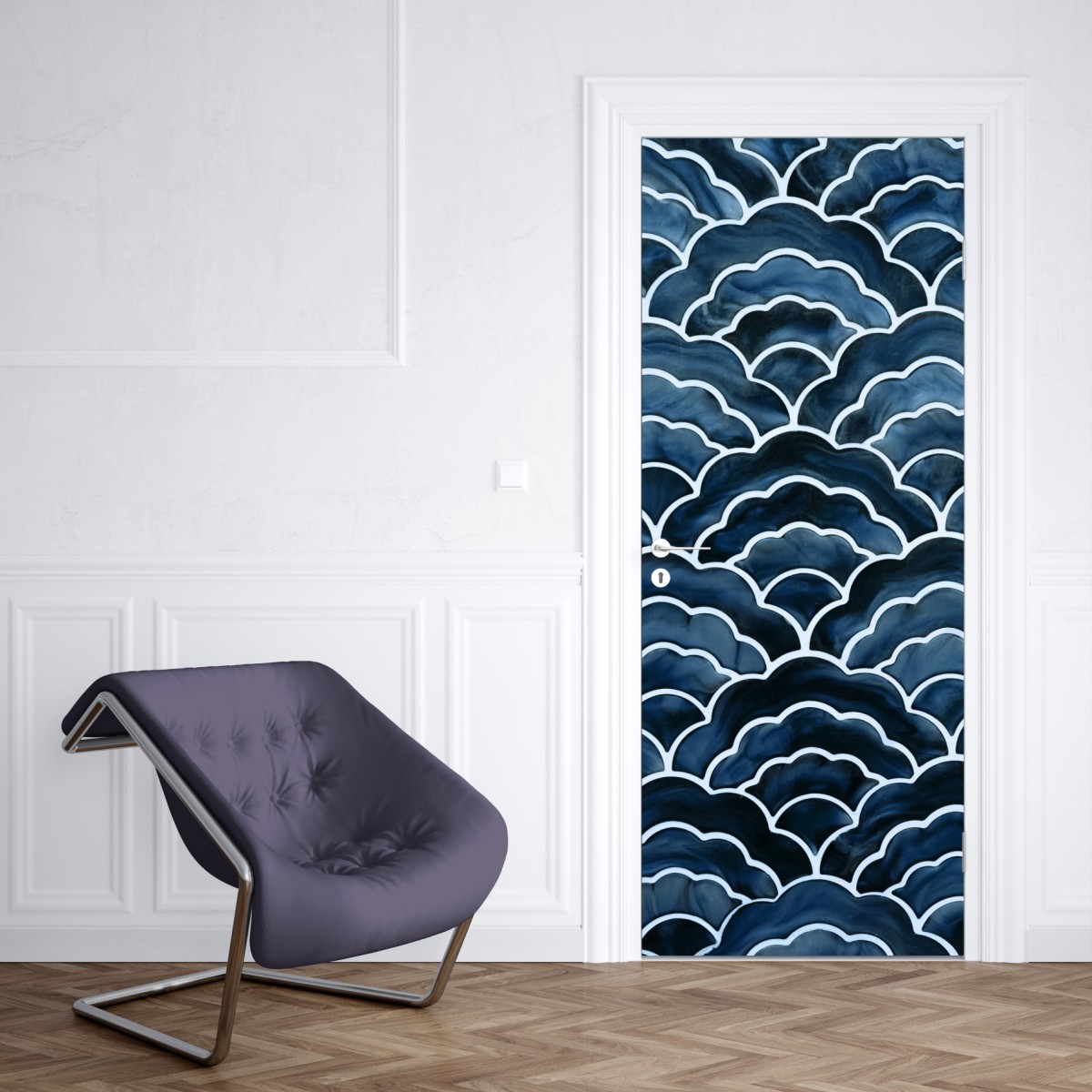 Naklejka na drzwi japoński niebieski wzór seigaiha – Wallissimo® Naklejka na drzwi japoński niebieski wzór seigaiha – Wallissimo®