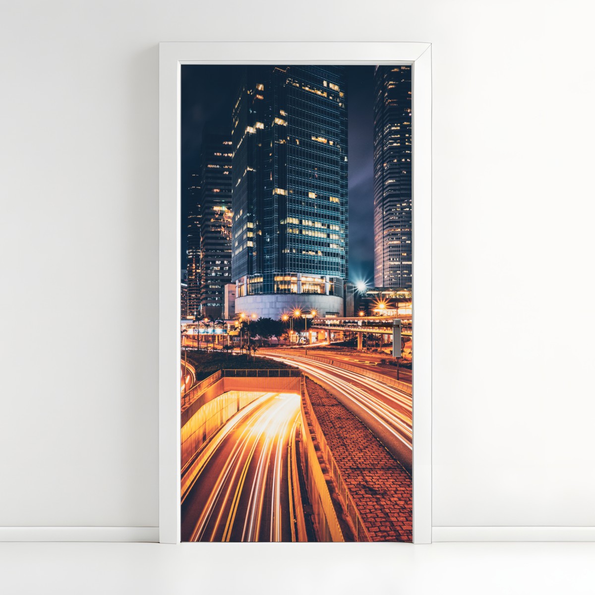 Door sticker night city light trails over urban highway