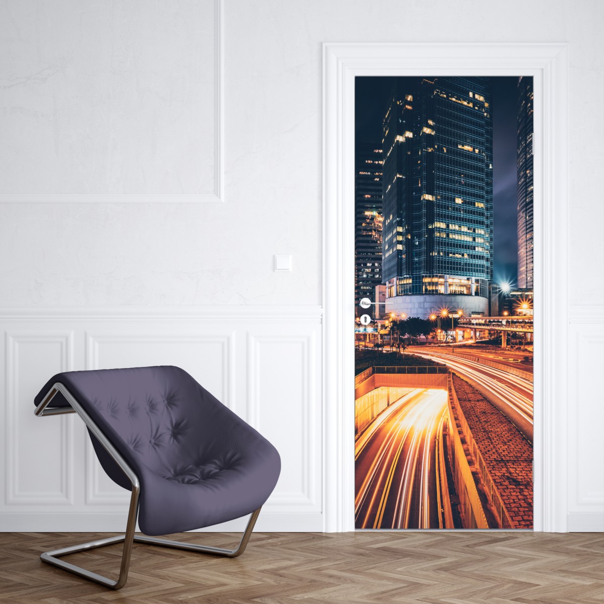 Naklejka na drzwi nocne smugi świetlne nad miejską autostradą – Wallissimo® Naklejka na drzwi nocne smugi świetlne nad miejską autostradą – Wallissimo®
