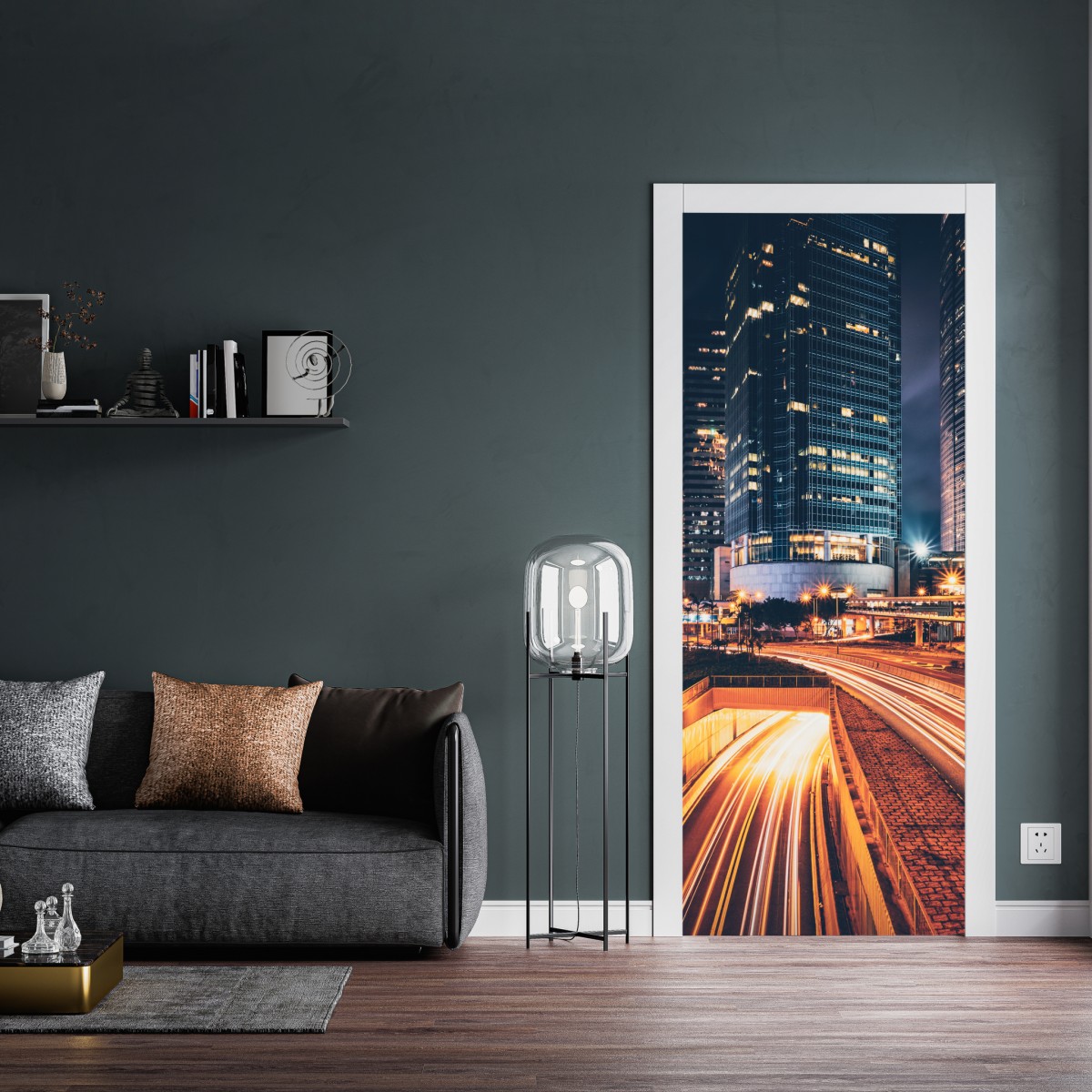 Naklejka na drzwi nocne smugi świetlne nad miejską autostradą – Wallissimo® Naklejka na drzwi nocne smugi świetlne nad miejską autostradą – Wallissimo®