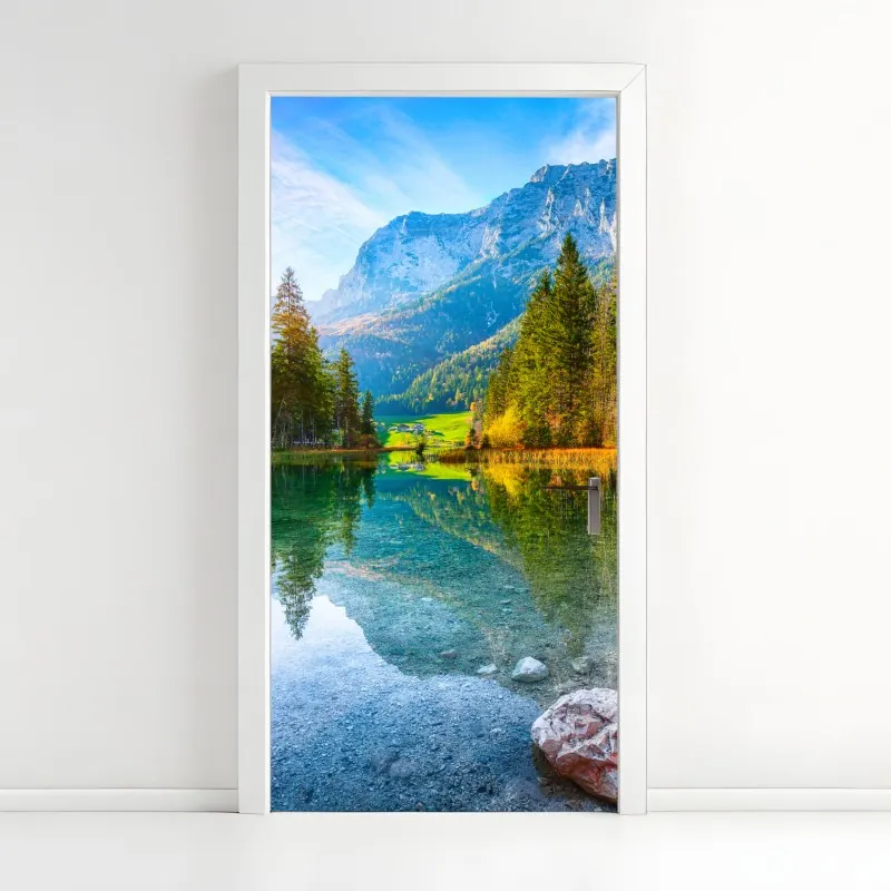 Naklejka na drzwi złote tropikalne liście na beżowym tle – Wallissimo®