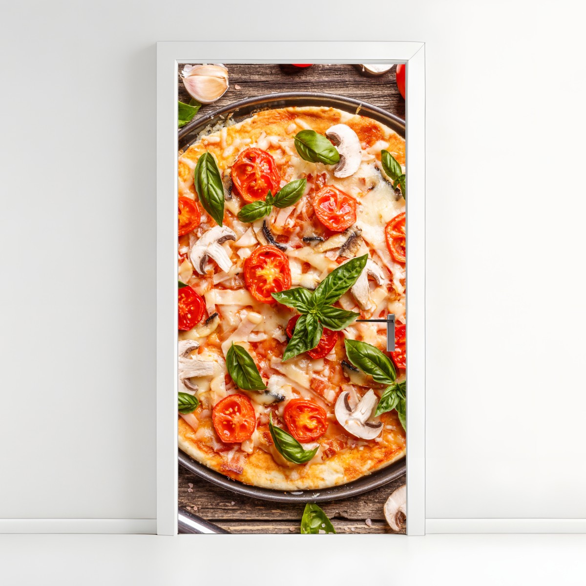 Door sticker fresh pizza with basil and cherry tomatoes