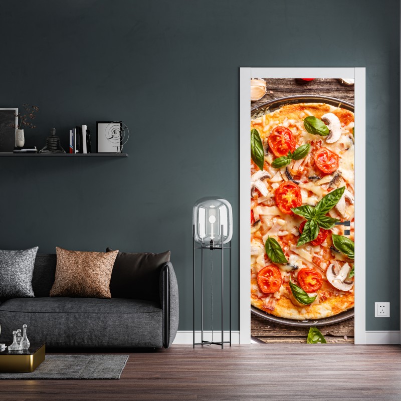 Naklejka na drzwi świeża pizza z bazylią i pomidorkami koktajlowymi – Wallissimo® Naklejka na drzwi świeża pizza z bazylią i pomidorkami koktajlowymi – Wallissimo®