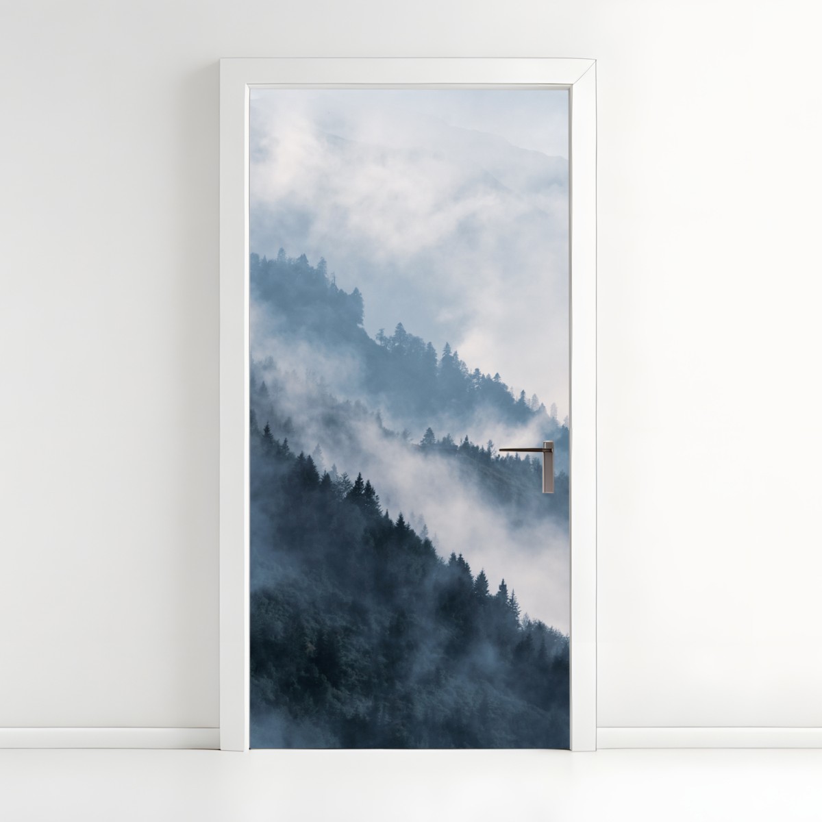 Door sticker mist-covered mountain ridges