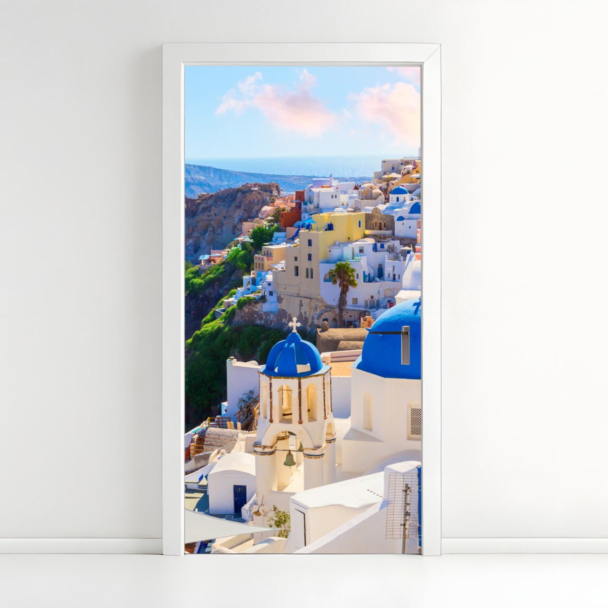Door sticker Santorini blue domes and white houses