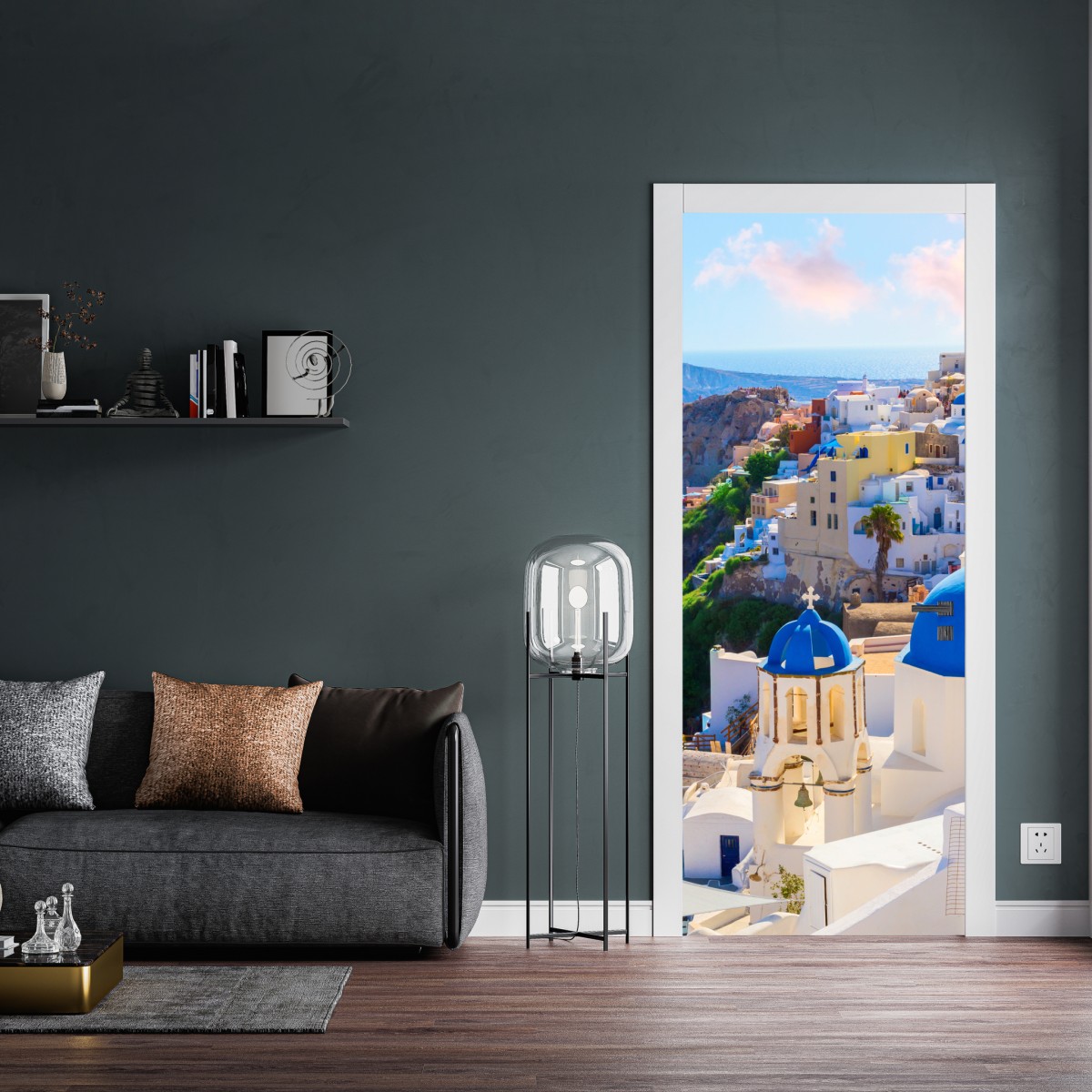 Naklejka na drzwi Santorini niebieskie kopuły i białe domy – Wallissimo® Naklejka na drzwi Santorini niebieskie kopuły i białe domy – Wallissimo®