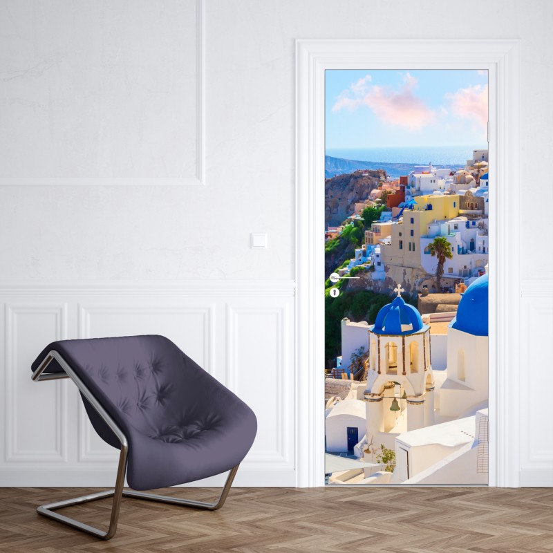 Naklejka na drzwi Santorini niebieskie kopuły i białe domy – Wallissimo® Naklejka na drzwi Santorini niebieskie kopuły i białe domy – Wallissimo®