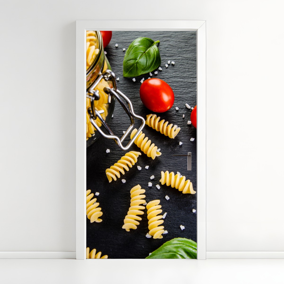 Door sticker pasta ingredients flat lay with tomatoes and basil