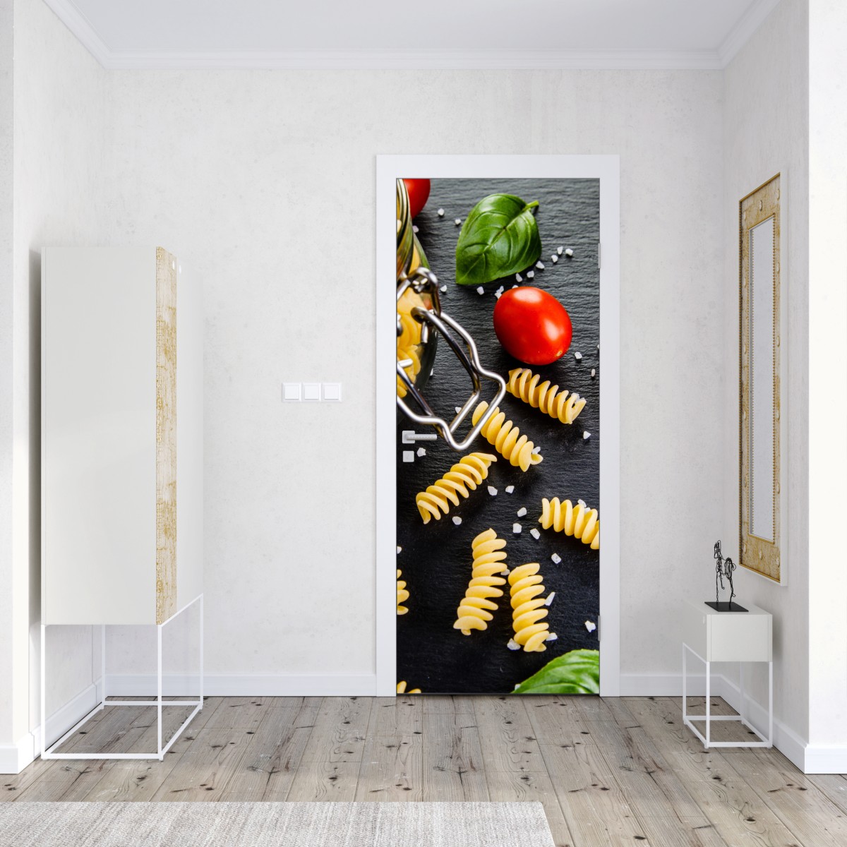 Naklejka na drzwi składniki do makaronu widok z góry z pomidorami i bazylią – Wallissimo® Naklejka na drzwi składniki do makaronu widok z góry z pomidorami i bazylią – Wallissimo®