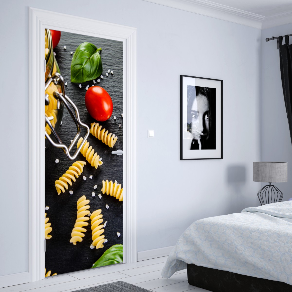 Naklejka na drzwi składniki do makaronu widok z góry z pomidorami i bazylią – Wallissimo® Naklejka na drzwi składniki do makaronu widok z góry z pomidorami i bazylią – Wallissimo®