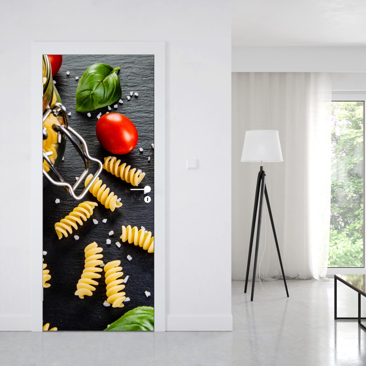 Naklejka na drzwi składniki do makaronu widok z góry z pomidorami i bazylią – Wallissimo® Naklejka na drzwi składniki do makaronu widok z góry z pomidorami i bazylią – Wallissimo®