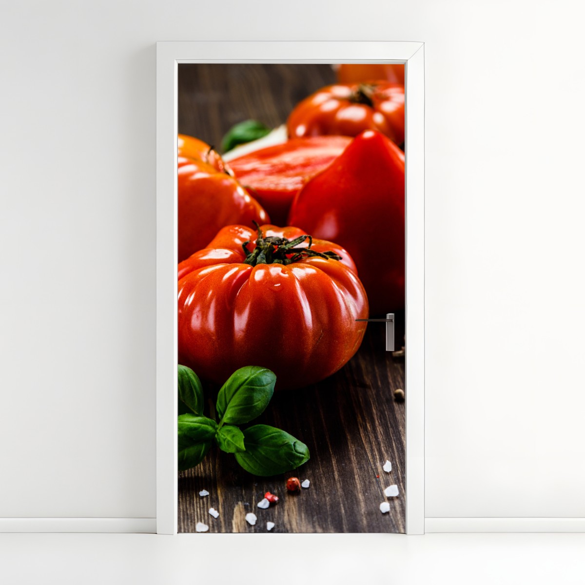 Door sticker ripe heirloom tomatoes on a rustic wooden table