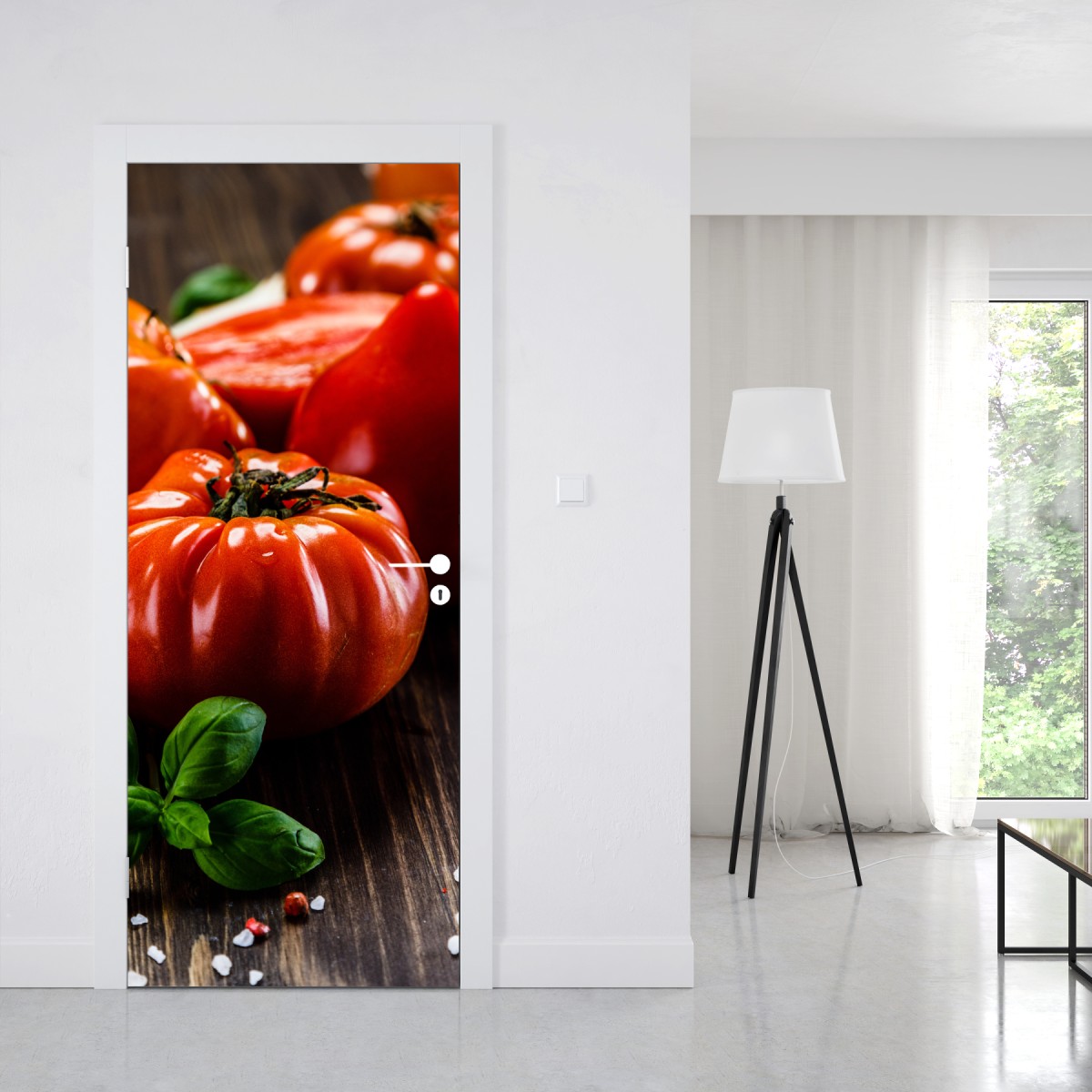 Naklejka na drzwi dojrzałe pomidory na rustykalnym stole – Wallissimo® Naklejka na drzwi dojrzałe pomidory na rustykalnym stole – Wallissimo®