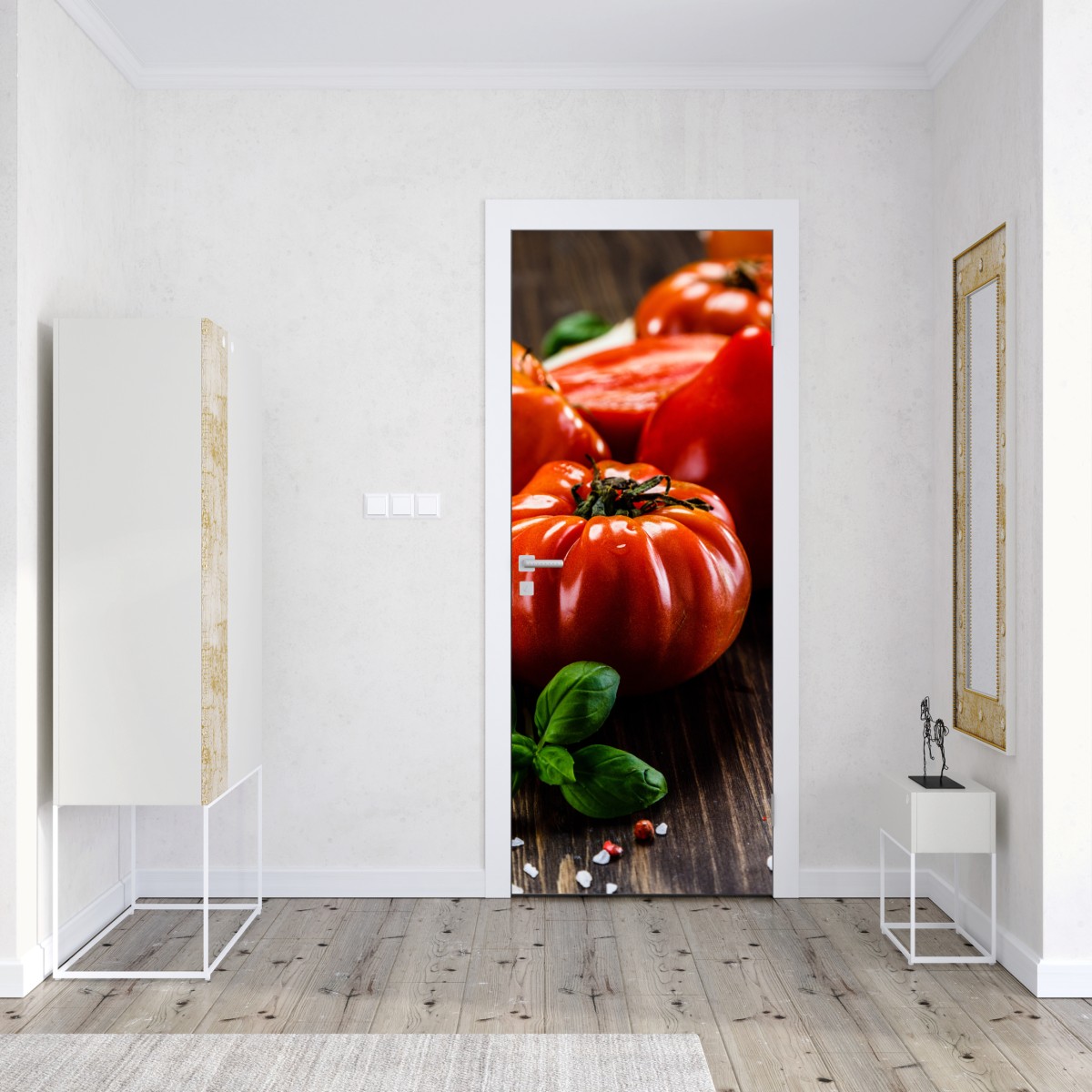 Naklejka na drzwi dojrzałe pomidory na rustykalnym stole – Wallissimo® Naklejka na drzwi dojrzałe pomidory na rustykalnym stole – Wallissimo®