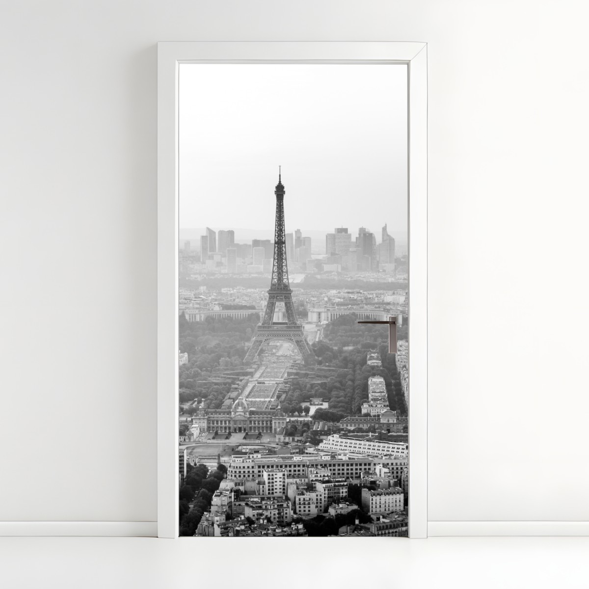 Door sticker elegant Eiffel Tower aerial skyline in grayscale
