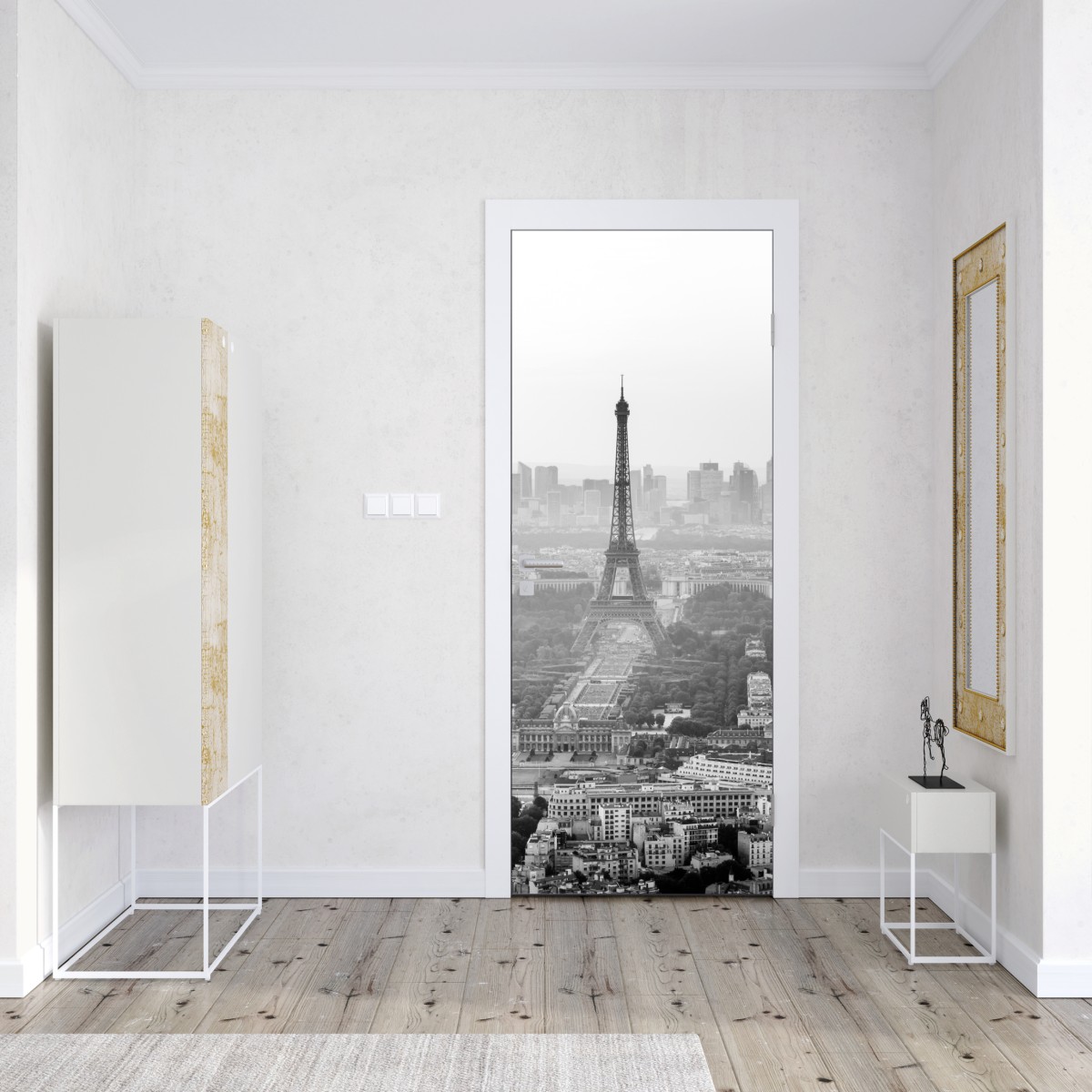 Naklejka na drzwi elegancka Wieża Eiffla panorama lotnicza w odcieniach szarości – Wallissimo® Naklejka na drzwi elegancka Wieża Eiffla panorama lotnicza w odcieniach szarości – Wallissimo®