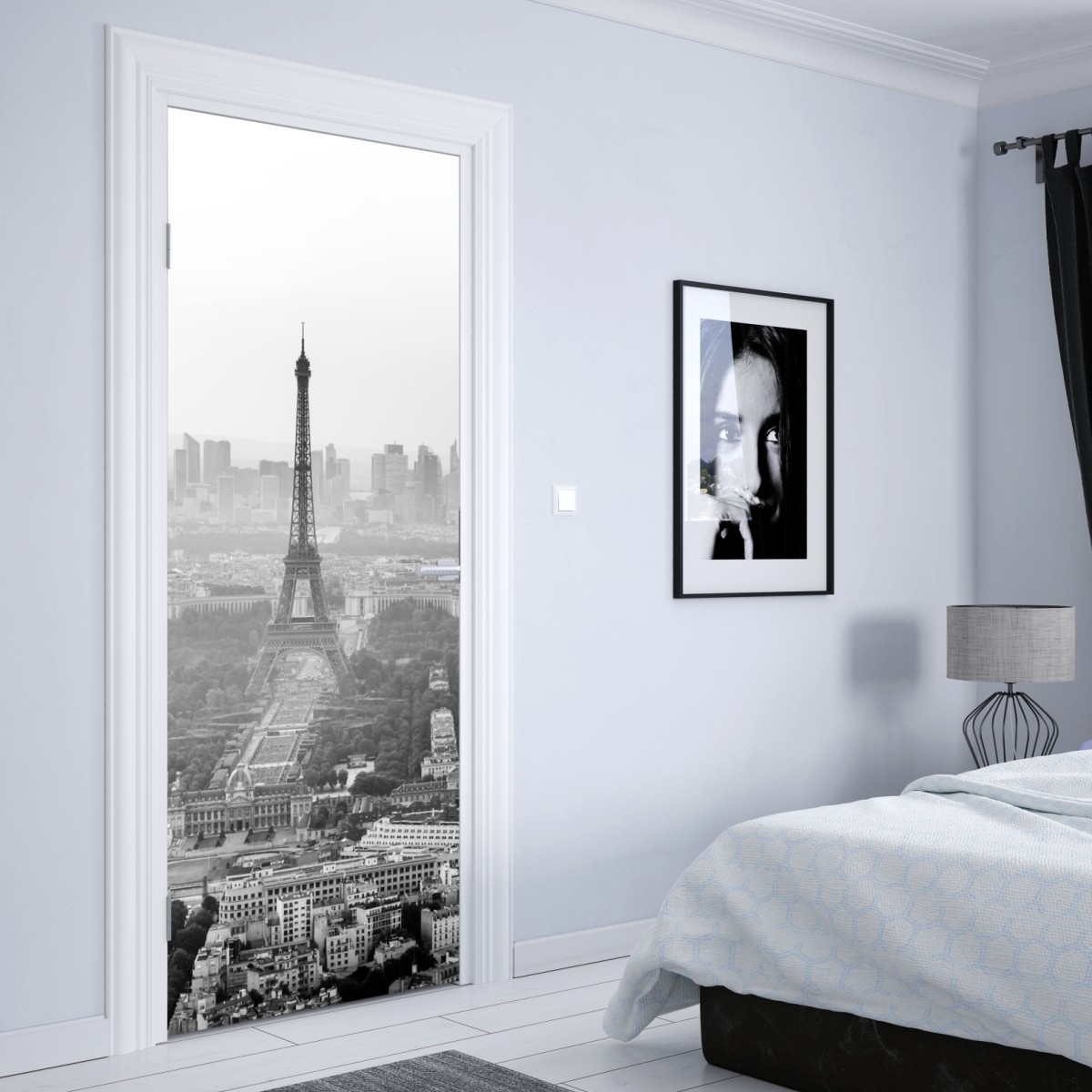 Naklejka na drzwi elegancka Wieża Eiffla panorama lotnicza w odcieniach szarości – Wallissimo® Naklejka na drzwi elegancka Wieża Eiffla panorama lotnicza w odcieniach szarości – Wallissimo®