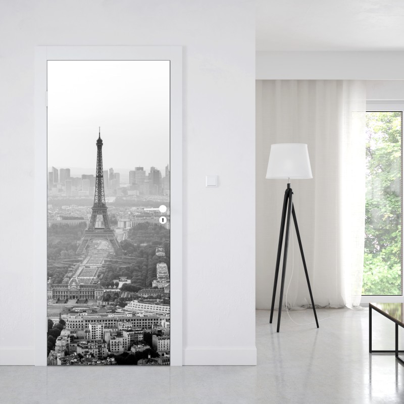 Naklejka na drzwi elegancka Wieża Eiffla panorama lotnicza w odcieniach szarości – Wallissimo® Naklejka na drzwi elegancka Wieża Eiffla panorama lotnicza w odcieniach szarości – Wallissimo®