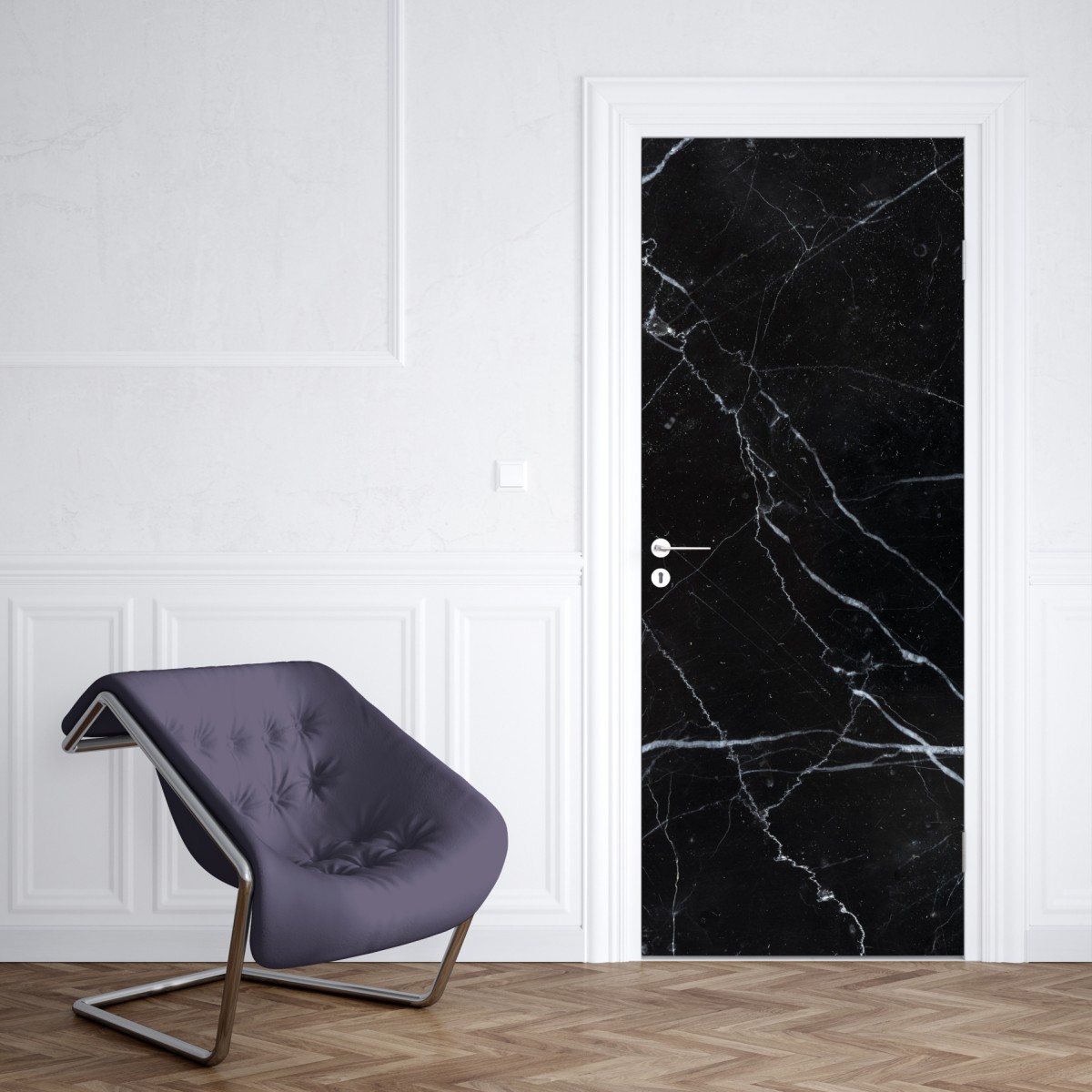 Naklejka na drzwi czarny marmur marquina do nowoczesnych wnętrz – Wallissimo® Naklejka na drzwi czarny marmur marquina do nowoczesnych wnętrz – Wallissimo®