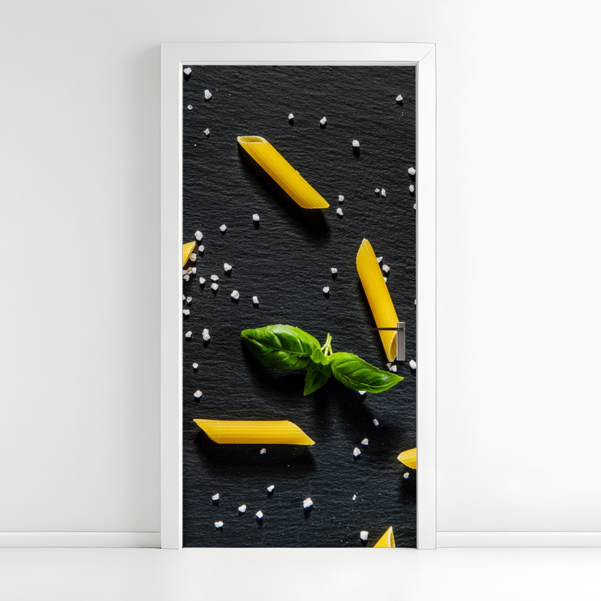 Door sticker tomato and pasta flat lay on black slate