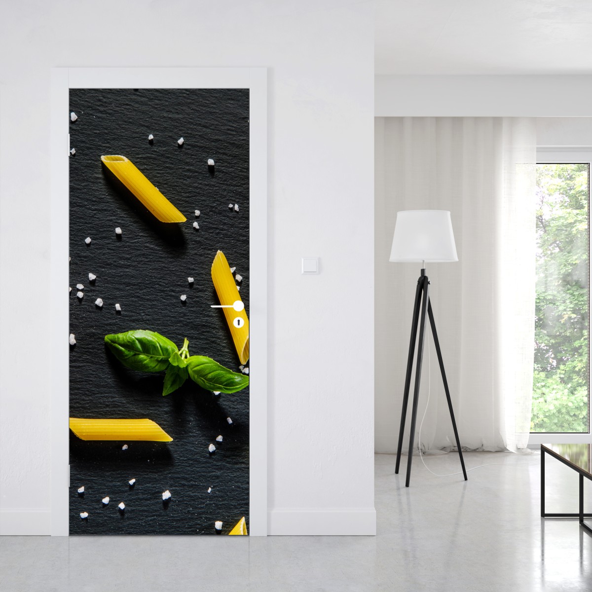 Naklejka na drzwi pomidory i penne na czarnym łupku – Wallissimo® Naklejka na drzwi pomidory i penne na czarnym łupku – Wallissimo®