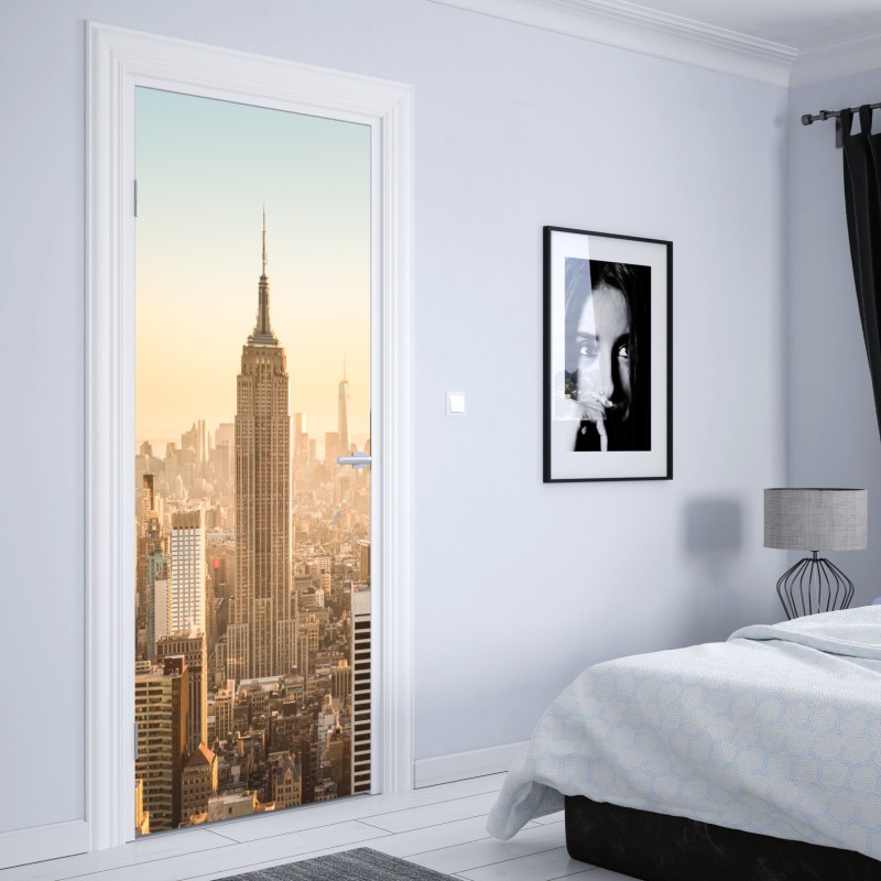 Naklejka na drzwi panorama Nowego Jorku o złotej porze – Wallissimo® Naklejka na drzwi panorama Nowego Jorku o złotej porze – Wallissimo®